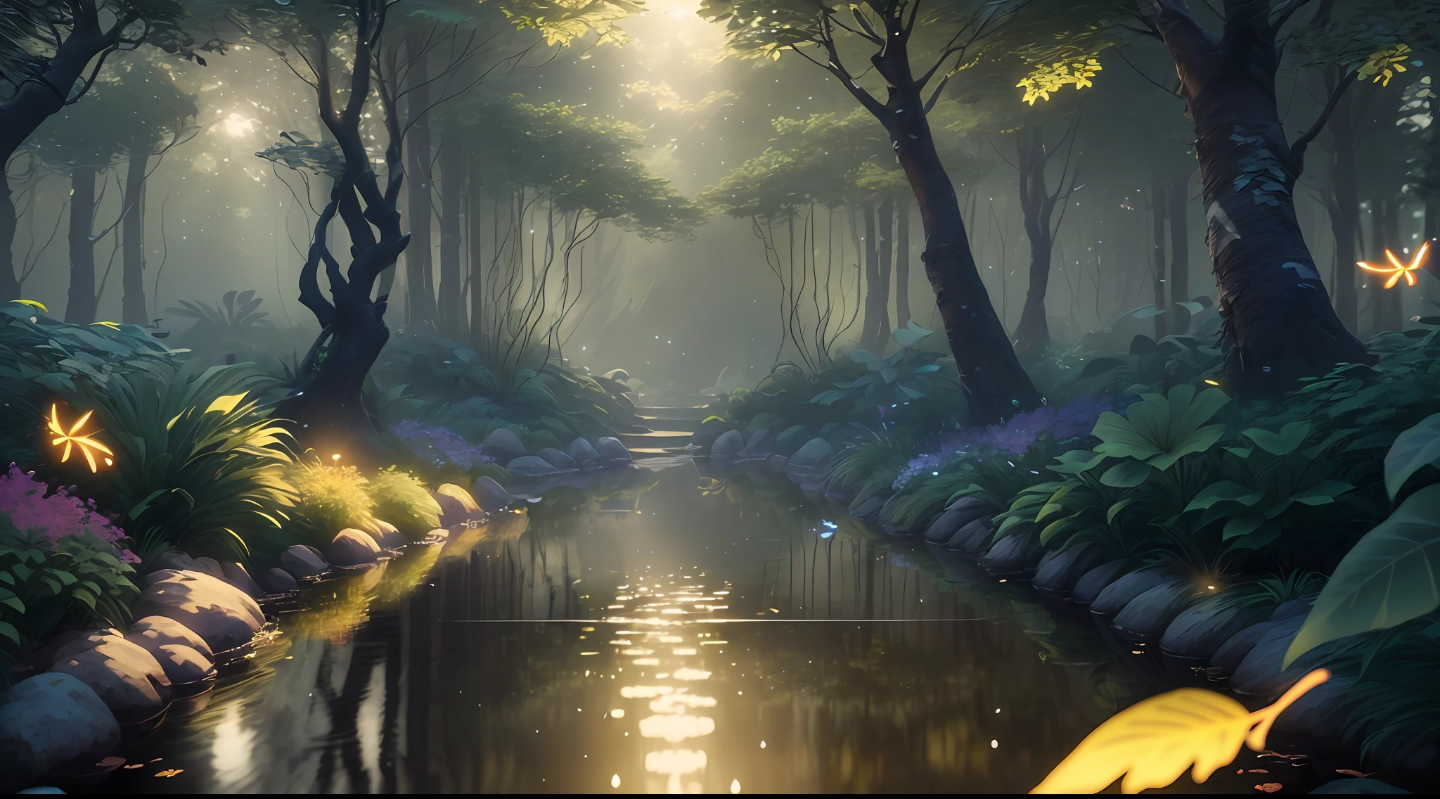 Masterpiece, best quality, (very detailed CG unity 8k wallpaper), (best quality), (best illustration), (best shadows), glow sprite, in the swimming pool Drinking water, natural elements in the forest theme. Mysterious forest, beautiful forest, nature, surrounded by flowers, delicate leaves and branches surrounded by fireflies (natural elements), (jungle theme), (leaves), (twigs), (fireflies), (particle effects) etc. 3D , Octane rendering, ray tracing, super detailed