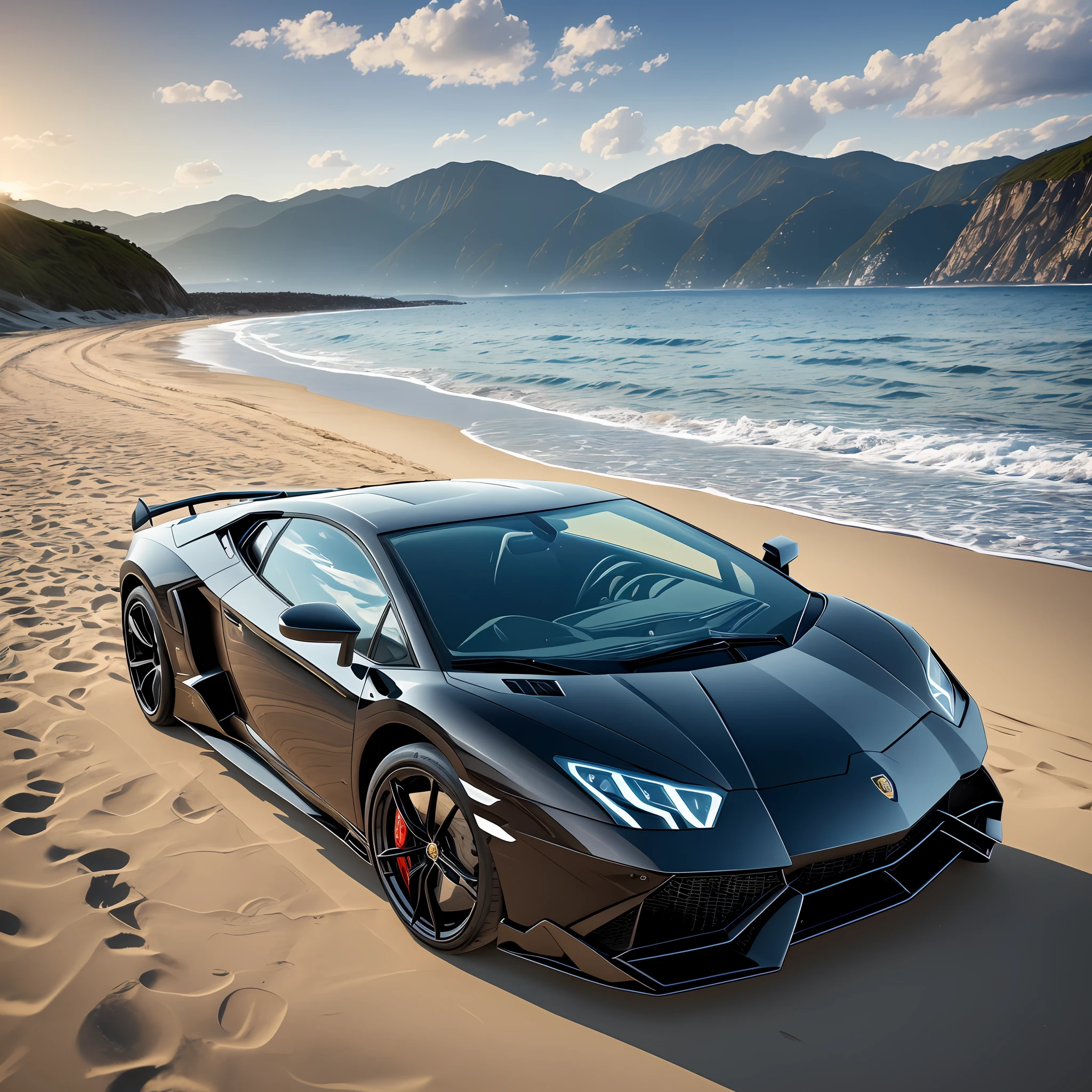 Accurate picture,8k, ultra realistic, highly detailed, masterpiece,top quality, high resolution, twice, black Lamborghini,in beach --auto --s2