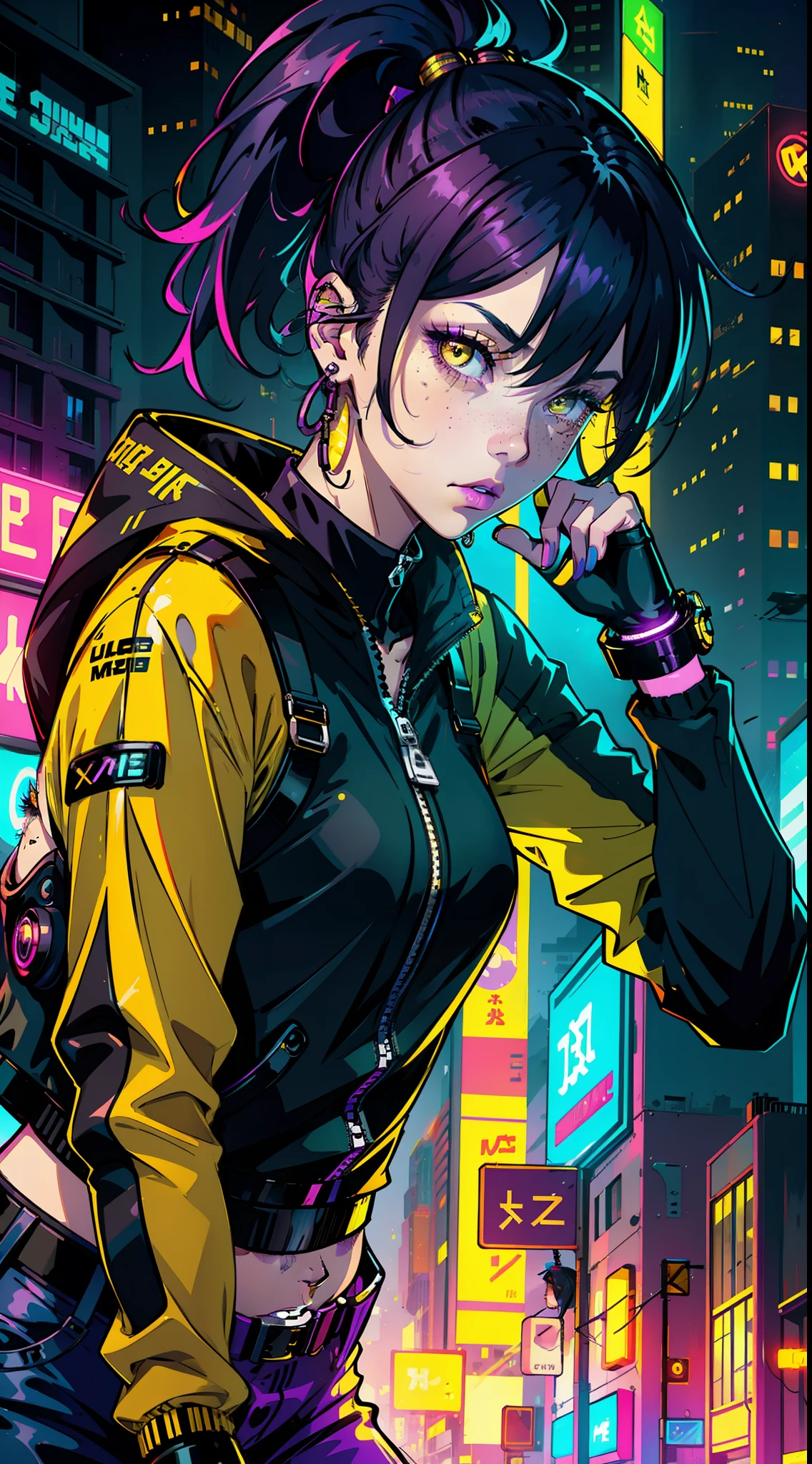 1girl,solo,colorful,yellow eyes,cyberpunk,city,peace sign,earrings,purple hair,eye patche,freckles,prothesis,mechanic,neon,beautiful lighting,purple reflection,cap,smoking,character focus,cg illustration,bust shot,yellow and black outfit,black hair,