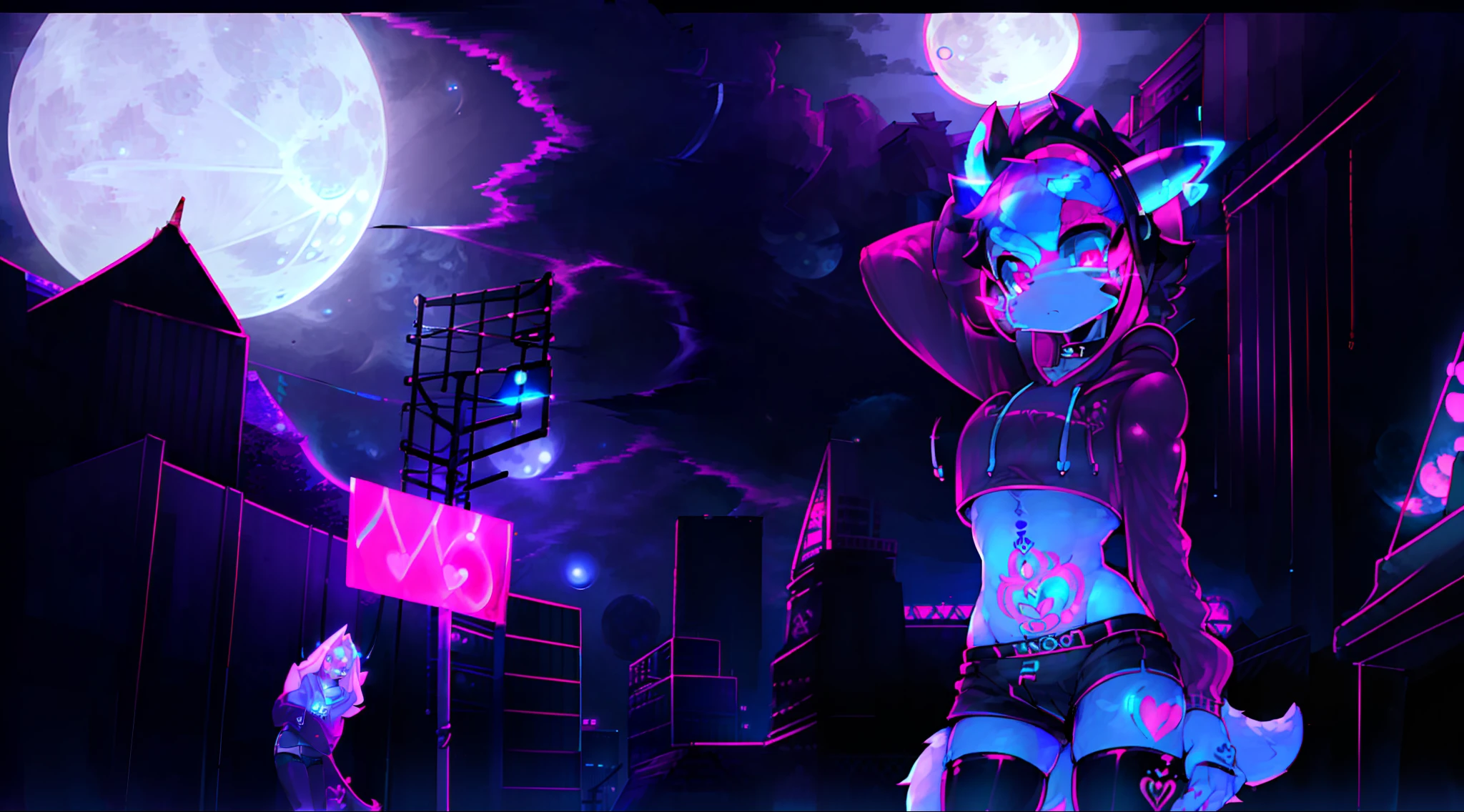 Black Fox, (White Body:1.3), (((masterpiece))), collar, (Dragon Wings:1.45), (headphones:1.4), short hair, black hair, blush, (headphones:1.55), ((Thigh High Socks, Femboy Clothing, Femboy Thigh Highs:1.2)), ((a blue eyes, a pink eyes:1.55)), (((Femboy))), full body, ((womb tattoo, glowing tattoo:1.52)), ((guy look like women:1.52)), (fox tail:1.52), Full HD, 8K, ((short pant, Hoodie crop:1.52)), ((underwear:1.45)), paws, ((full moon, blue moon:1.45)) public indecency, small breasts