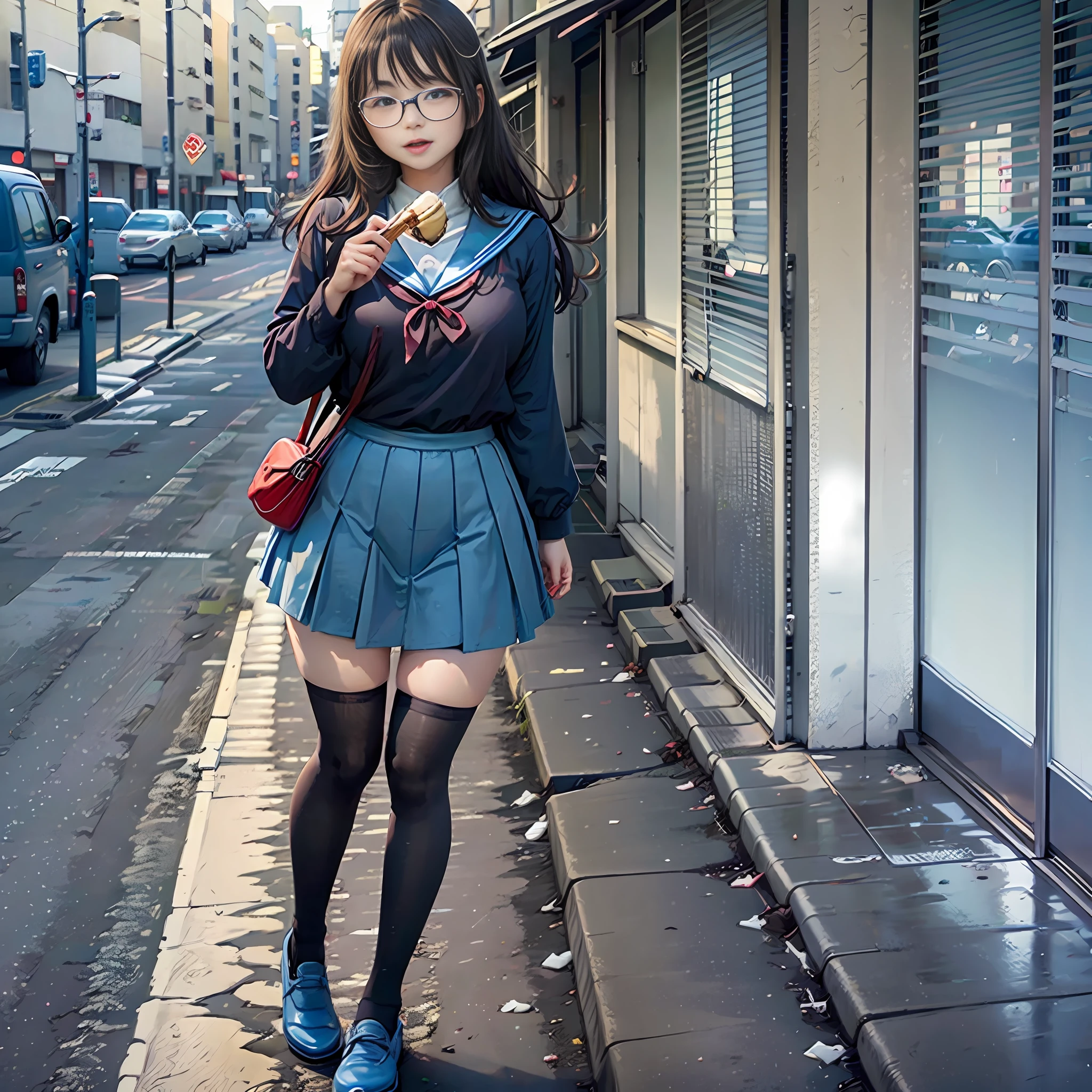 A Japanese high school girl eating ice cream on the side of the road, blue sailor suit, long black stockings, red shoes, happy face