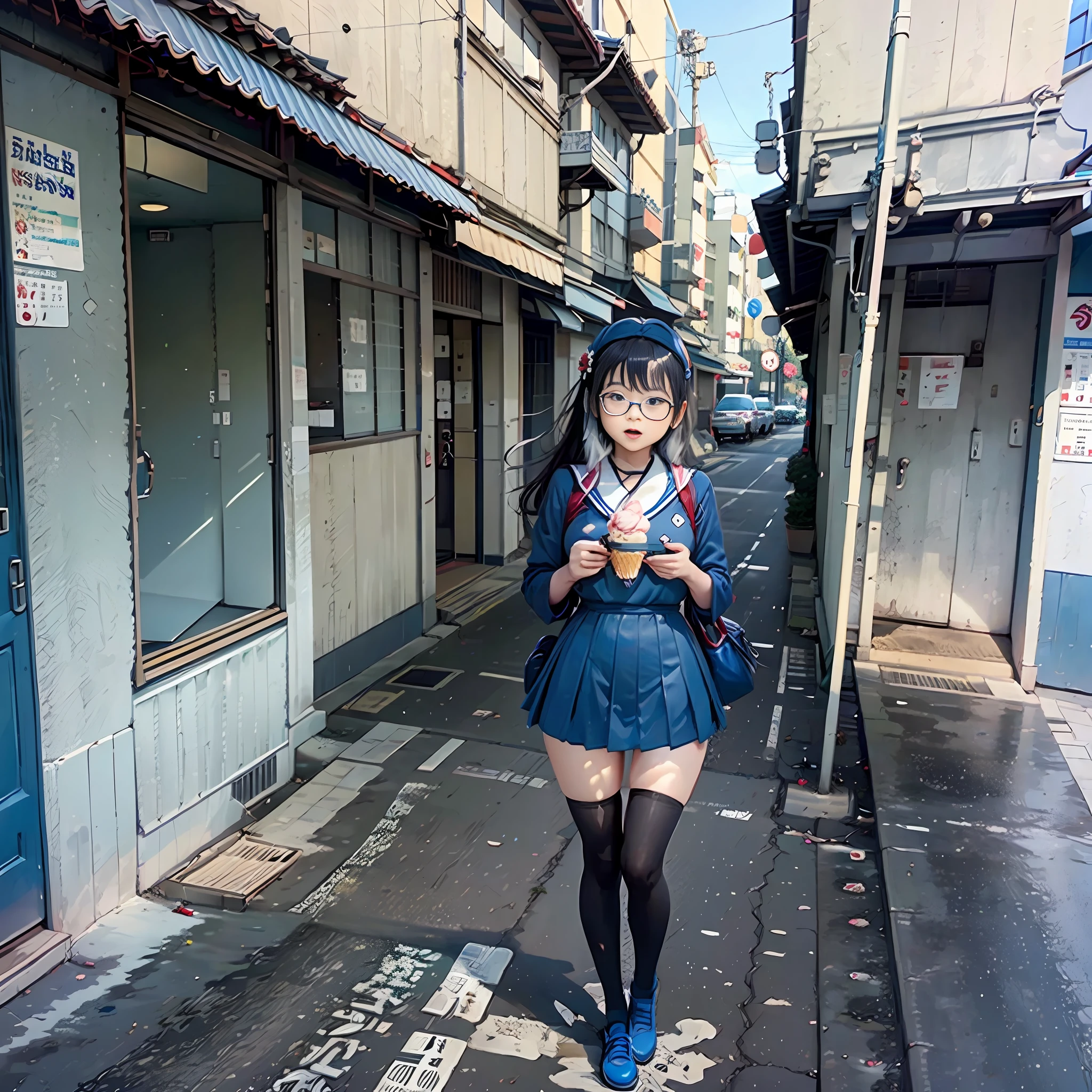 A Japanese high school girl eating ice cream on the side of the road, blue sailor suit, long black stockings, red shoes, happy face