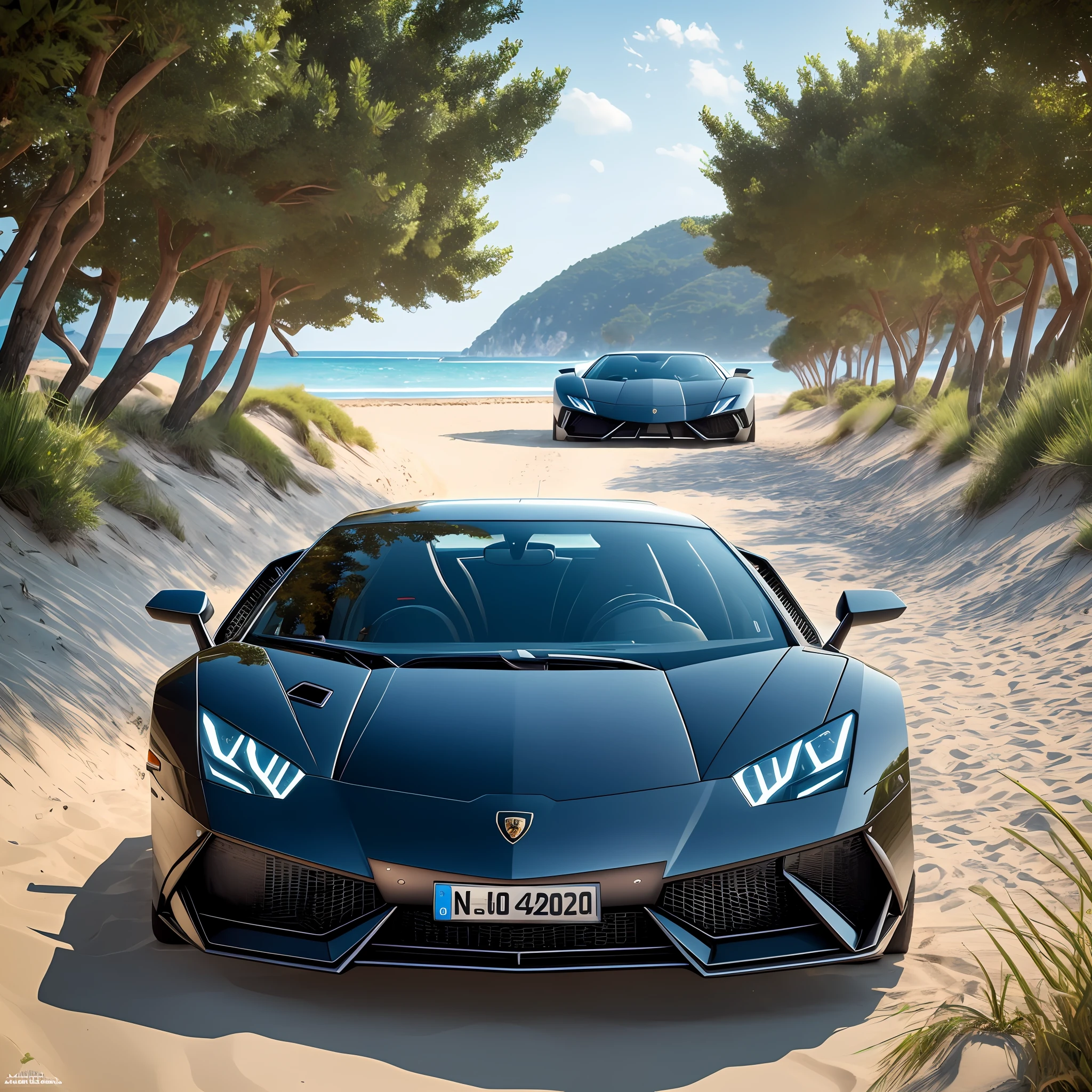 Accurate picture,8k, ultra realistic, highly detailed, masterpiece,top quality, high resolution, twice, black Lamborghini,in beach --auto --s2