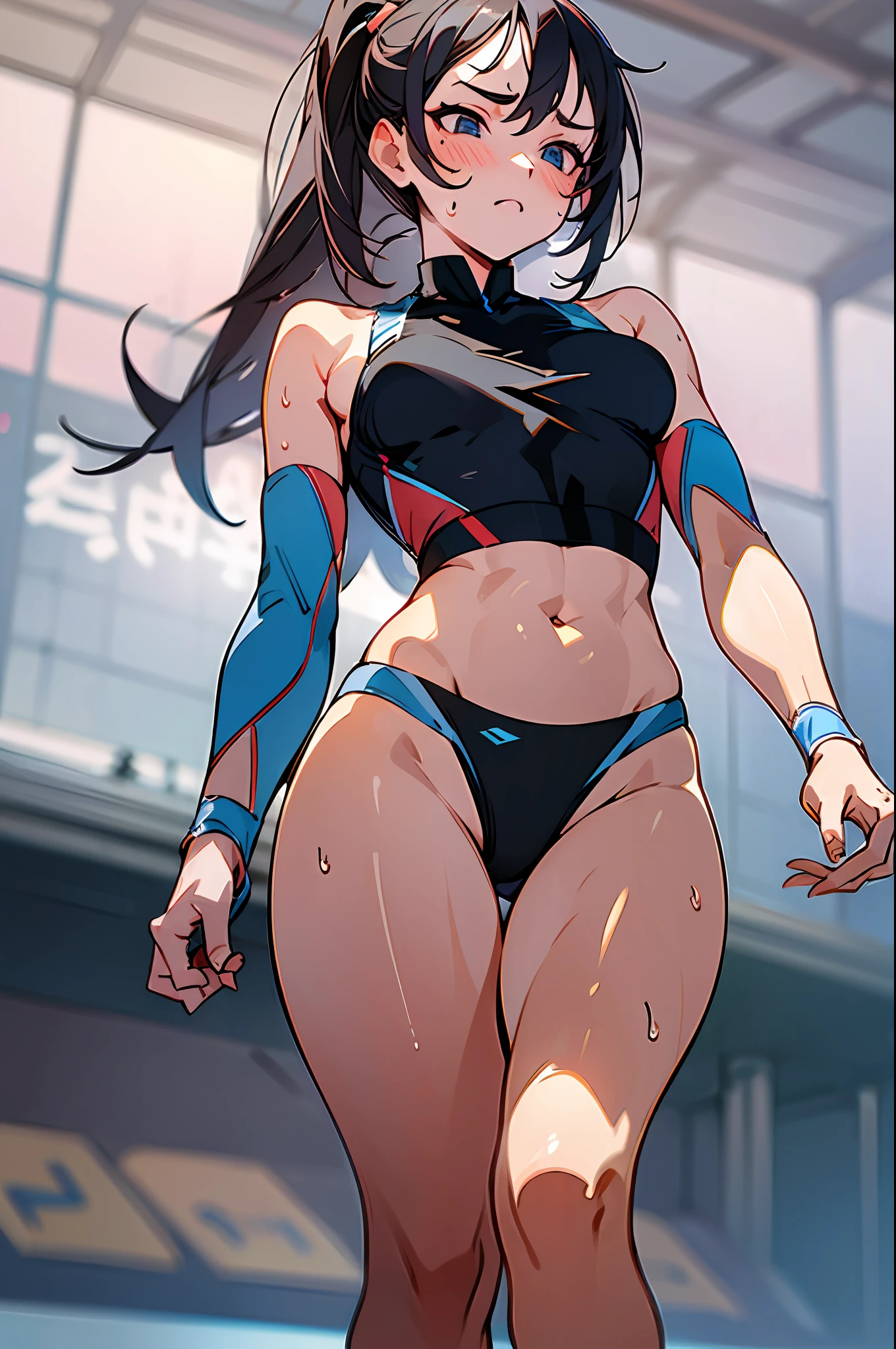 cool nsfw, solo girl, 18 years old woman , (thin and tight running uniform) , kawaii face, delicate beautiful face ,well-proportioned face, blush, embarrassed face, slender body, sweaty body, small tits, protruded , ultra detailed, (masterpiece:1.5), (best quality:1.2), 8k, hd, highres, a professional photograph, exquisite detail, sharp-focus, intricately-detailed, award-winning photograph, small-catchlight, beautiful lighting, facial-symmetry, full body, from below, track stadium,