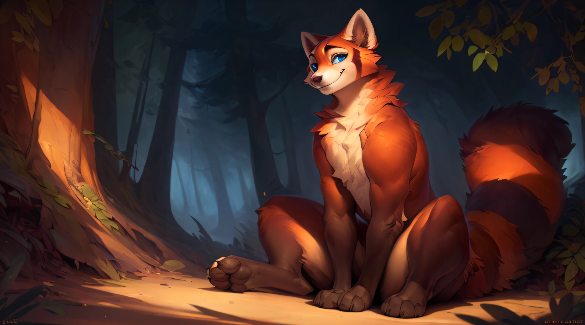 uploaded the e621, by Pixelsketcher, by Bayard Wu, by Thomas Benjamin Kennington , by Einshelm, solo (((wild))), red panda ((taur)) with (fluffy tail) and ((light navy blue eyes)), male, ((only)) male, ((male only)), (bulky chest)), ((fluffy neck)), ((portrait)), (detailed Bonifasko lighting), (detailed skin), (cinematic lighting), (detailed background)), [twilight ray], [detailed ambient light], [ambient light on belly],  (greater wildlife detail of wildlife), [explicit content], [sharp focus], (questionable content), front view, sitting, artistic genitalia, (shading), fluffy tail, relaxed tail, fluffy tail, ((masterpiece)), (detailed skin), ((detailed skin), ((seductive smile)), dynamic pose, ((seductive pose)), erect member, erect, erect