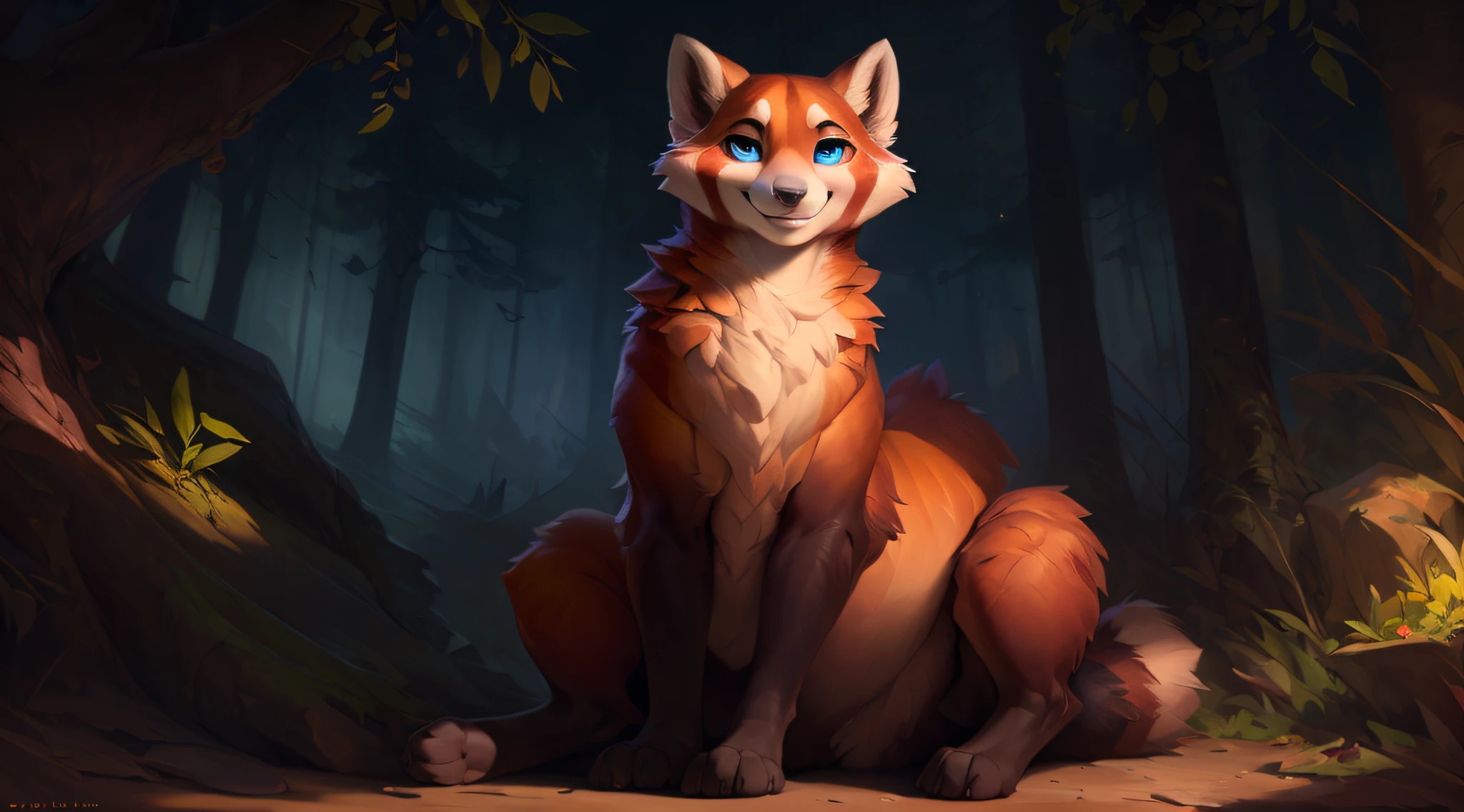 uploaded the e621, by Pixelsketcher, by Bayard Wu, by Thomas Benjamin Kennington , by Einshelm, solo (((wild))), red panda ((taur)) with (fluffy tail) and ((light navy blue eyes)), male, ((only)) male, ((male only)), (bulky chest)), ((fluffy neck)), ((portrait)), (detailed Bonifasko lighting), (detailed skin), (cinematic lighting), (detailed background)), [twilight ray], [detailed ambient light], [ambient light on belly],  (greater wildlife detail of wildlife), [explicit content], [sharp focus], (questionable content), front view, sitting, artistic genitalia, (shading), fluffy tail, relaxed tail, fluffy tail, ((masterpiece)), (detailed skin), ((detailed skin), ((seductive smile)), dynamic pose, ((seductive pose)), erect member, erect, erect