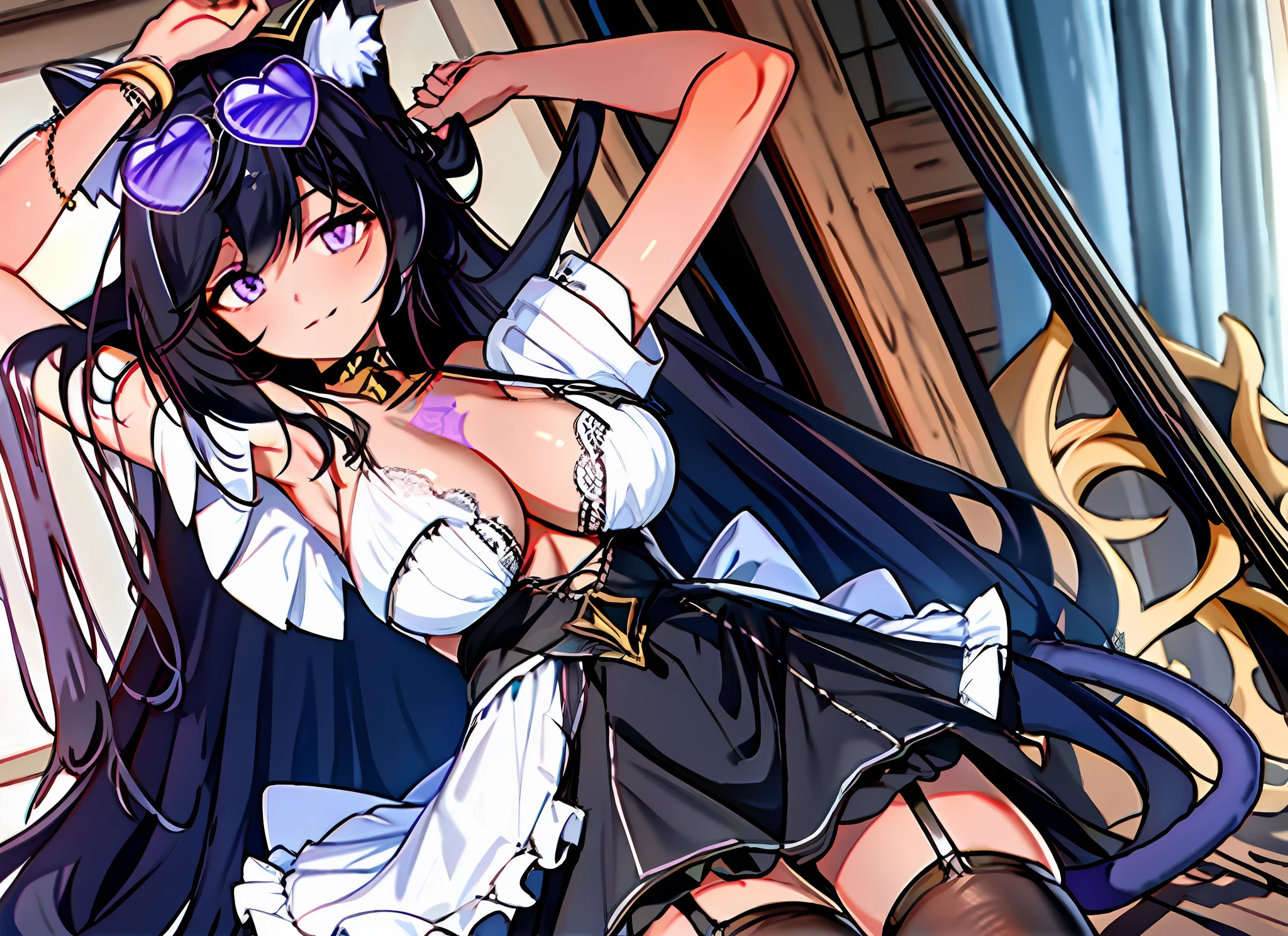 masterpiece, best quality, ultra-detailed, illustration, warm lighting, bright colors, 1girl, solo, purple eyes, dark blue hair, dark skin, carmen_(counter:side), cat ears, cat girl, cat tail, very long hair, jewelry, crazy eyes, crazy_eyes, medium breast, heart-shaped eyewear,
apron, black_bow, black_bowtie, white_dress, blinds, book, bow, bowtie, cleavage, cleavage_cutout, closed_mouth, clothing_cutout, cup, dress, frilled_dress, frills, full_body, garter_straps, hair_twirling, hand_on_own_thigh, hand_up, indoors, lamp, legs, legs_up, long_hair, looking_at_viewer, maid, maid_apron, no_shoes, panties, puffy_short_sleeves, puffy_sleeves, short_sleeves, sitting, solo, stirrup_legwear, thighhighs, thighs, underwear, white_apron, white_garter_straps, white_panties, white_thighhighs, feet out of frame,