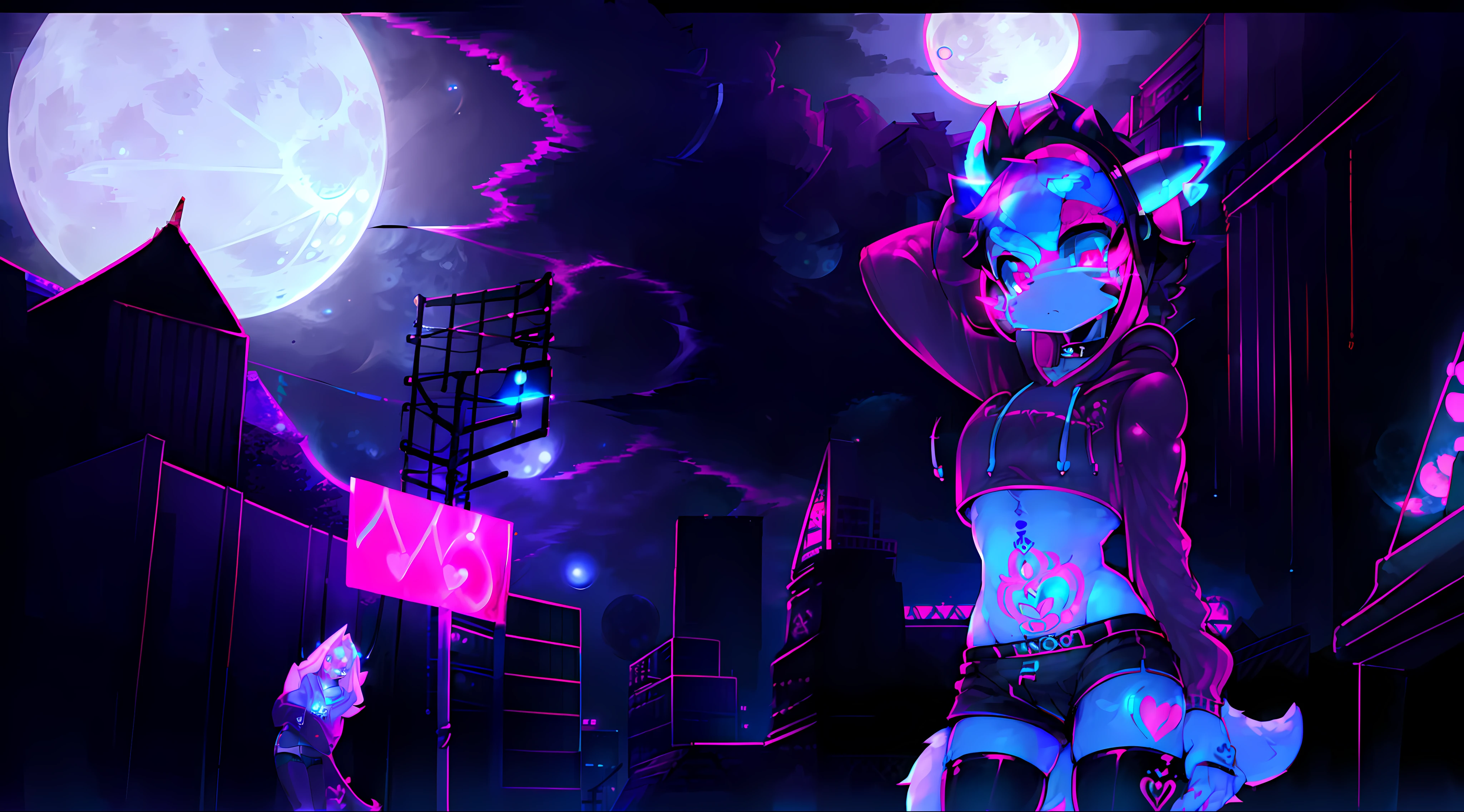 Black Fox, (White Body:1.3), (((masterpiece))), collar, (Dragon Wings:1.45), (headphones:1.4), short hair, black hair, blush, (headphones:1.55), ((Thigh High Socks, Femboy Clothing, Femboy Thigh Highs:1.2)), ((a blue eyes, a pink eyes:1.55)), (((Femboy))), full body, ((womb tattoo, glowing tattoo:1.52)), ((guy look like women:1.52)), (fox tail:1.52), Full HD, 8K, ((short pant, Hoodie crop:1.52)), ((underwear:1.45)), paws, ((full moon, blue moon:1.45)) public indecency, small breasts
