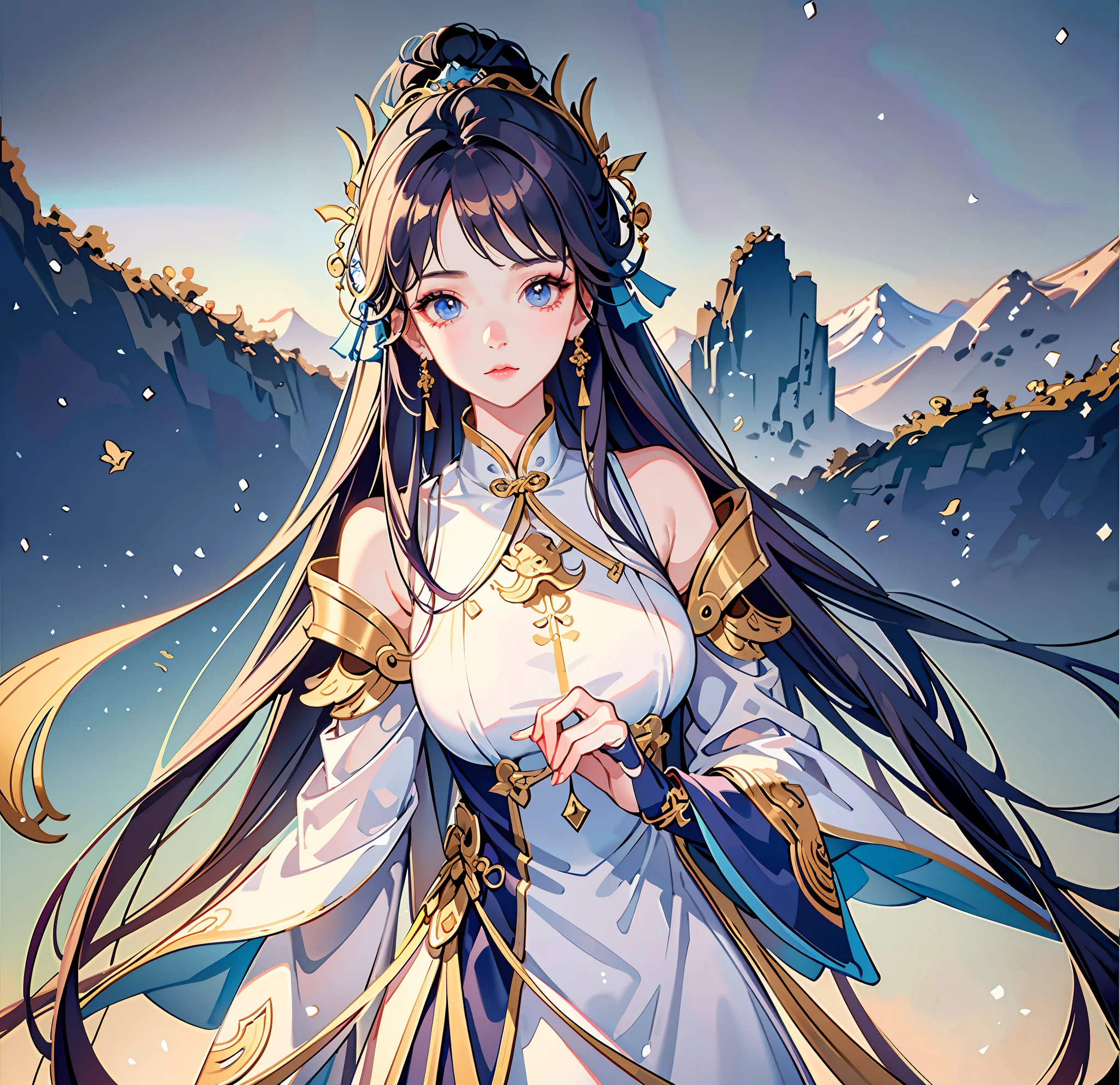 Beautiful aesthetic face, popular Korean makeup, light makeup, popular Korean makeup, pale round face, sexy face with full makeup, Shaxi, soft makeup, Seong Yanjun, 8K, highest quality, punk, beautiful body, futuristic technology, highest picture quality. Richly dressed and dressed in golden armor. Highest image quality. Highest image quality. Exquisite skirt armor, exquisite shoulder pads, gorgeous breastplates that cover most of the chest, (extremely detailed CG Unity 8k wallpaper, masterpiece, best quality, super detailed), (snow days, hot sun, high contrast)