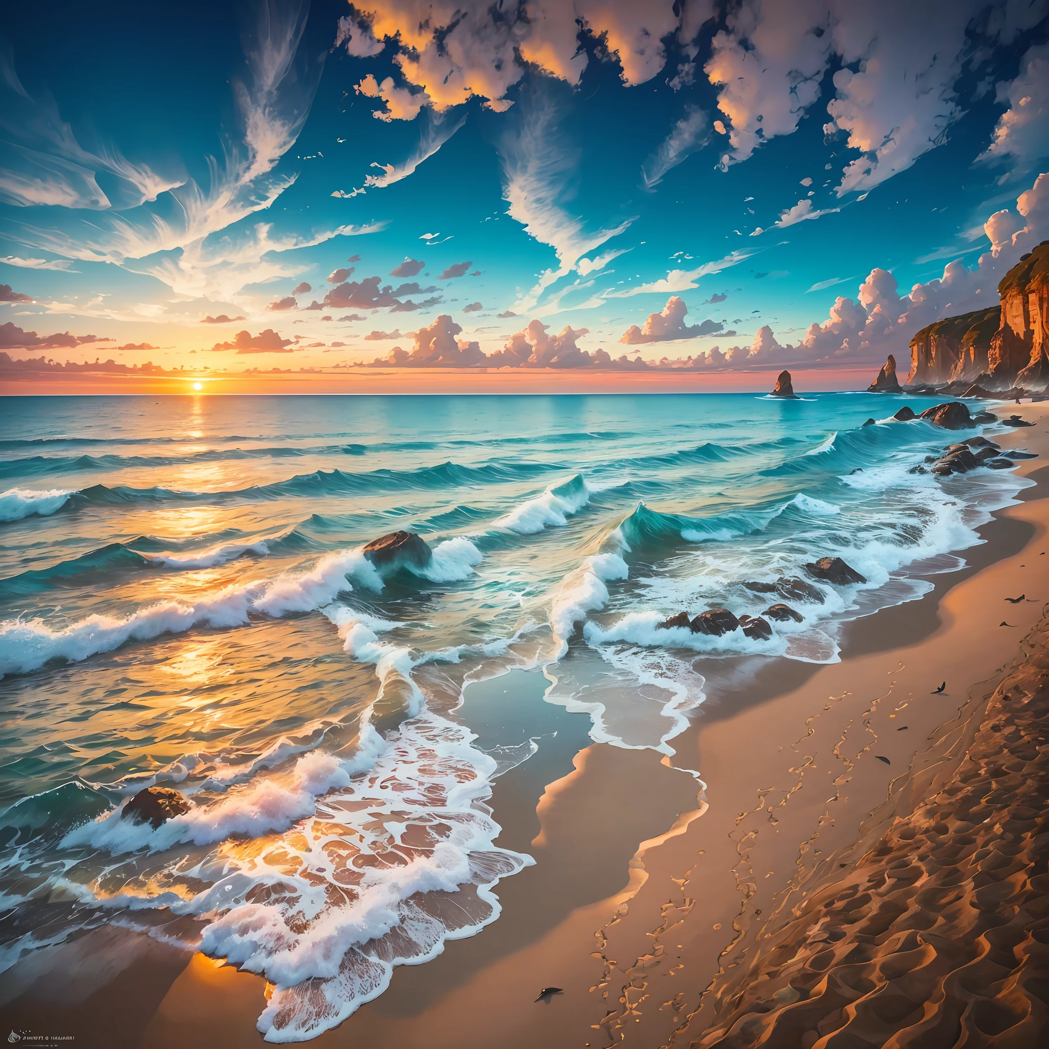 A serene coastal paradise with pristine sandy beaches stretching as far as the eye can see. Crystal-clear turquoise waters gently lap against the shore, creating a harmonious melody with the soothing sounds of seagulls and crashing waves. The scene is bathed in the warm glow of a vibrant sunset, casting a golden hue over the landscape. Majestic palm trees sway in the gentle breeze, their leaves rustling in harmony. The coastline is dotted with picturesque rock formations, reminiscent of the iconic formations found in the Twelve Apostles in Australia. The atmosphere is filled with a sense of tranquility and serenity, inviting viewers to immerse themselves in the natural beauty of the coastal haven. The image should capture the ethereal beauty of the coastal scene, with attention to detail in the texture of the sand, the shimmering reflections on the water, and the vibrant colors of the sunset. --auto --s2