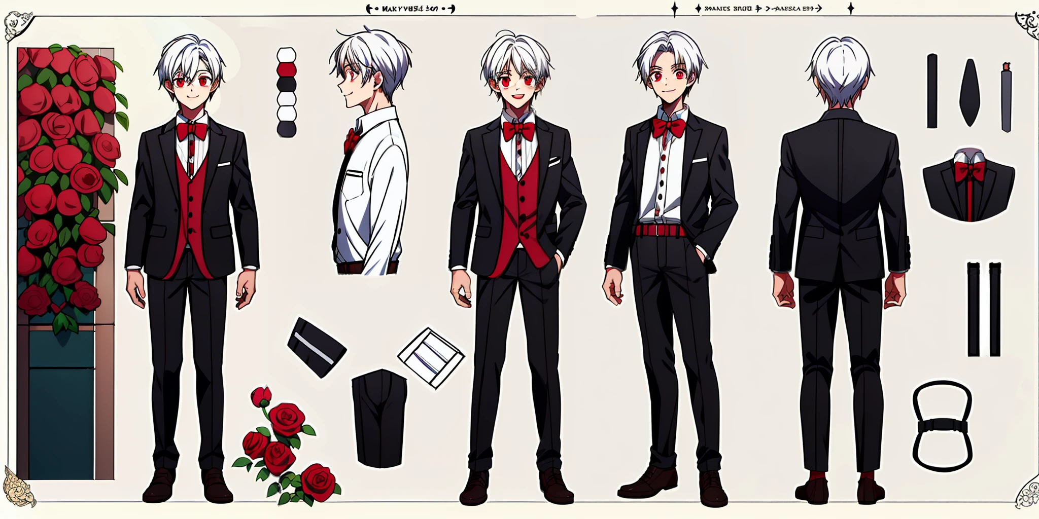 ****ung boy, character sheet, concept art, full body, (masterpiece:1.2), (best quality:1.3), 1boy, standing, cute, small, white hair, red eyes, smiling, black school uniform, short shorts, red roses