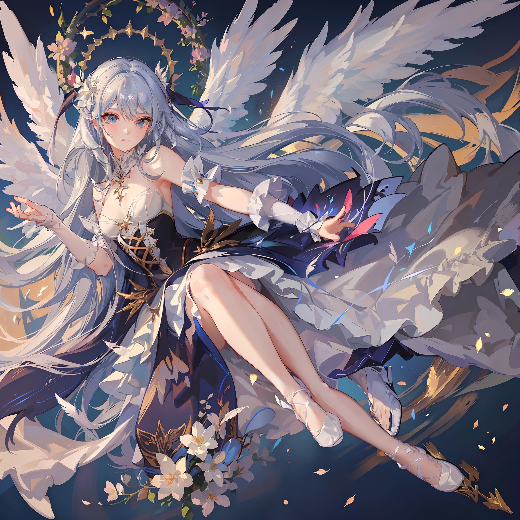 (extremely detailed CG unity 8k wallpaper, best quality, masterpiece), ballet angel,(sute:0.75+angel:1.25), dynamic and graceful pose, fluttering white feathers, glowing halo, shining starry background, sparkling pointe shoes, radiant lighting, soft dreamy atmosphere.