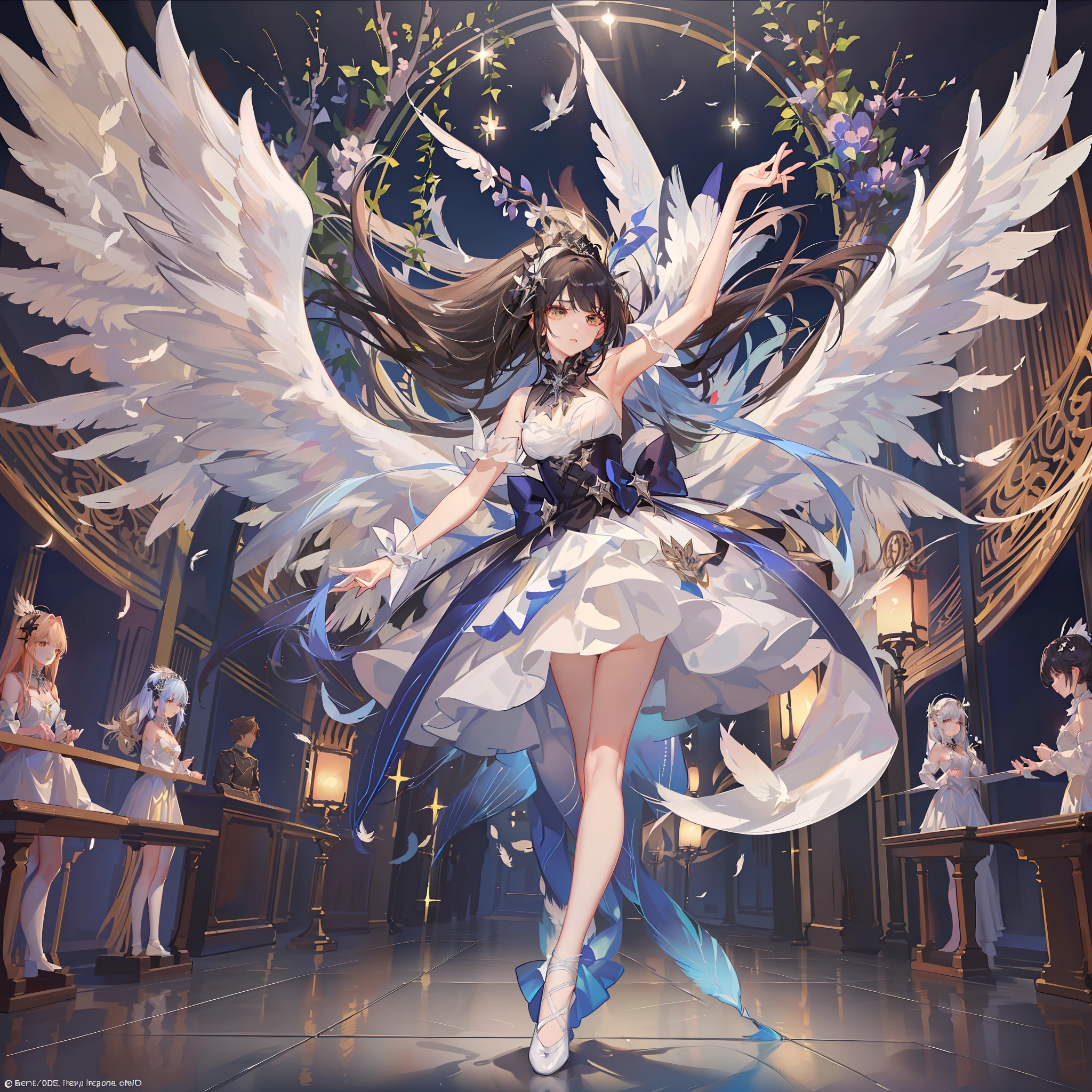 (extremely detailed CG unity 8k wallpaper, best quality, masterpiece), ballet angel,(sute:0.75+angel:1.25), dynamic and graceful pose, fluttering white feathers, glowing halo, shining starry background, sparkling pointe shoes, radiant lighting, soft dreamy atmosphere.