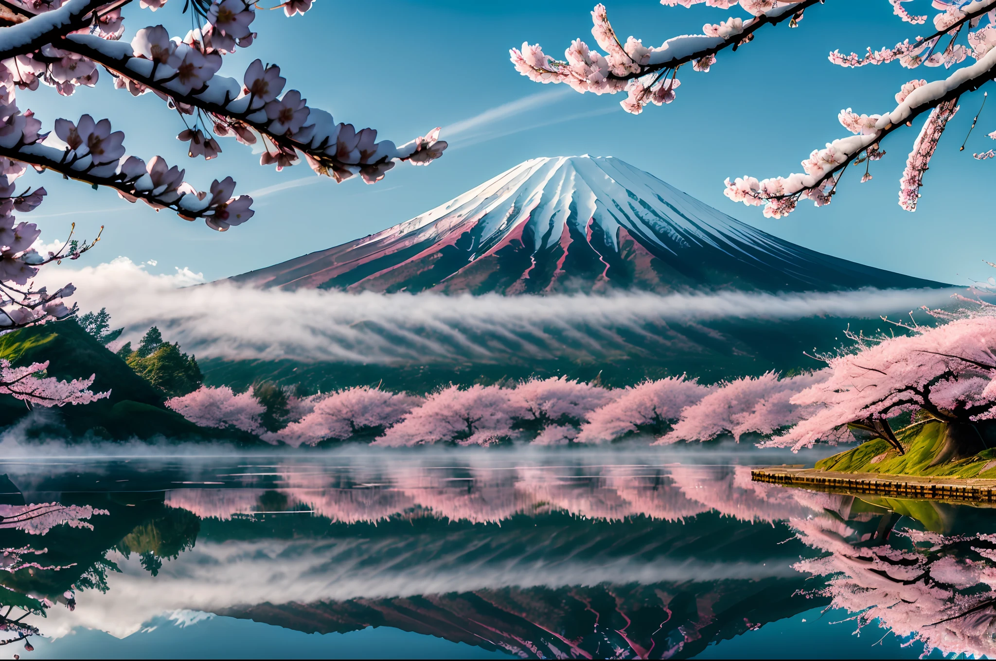 official art, RAW photo of a landscape, insanely detailed, hyper realistic, (photorealistic:1.4), ultra-realistic photo, 8k uhd, dslr, high quality, film grain, Fujifilm XT3, (masterpiece), Mt.fuji, (solo:1.5), sun atop the summit, (snow-capped mountain:1.4), lush green mountain slope, clouds billowing over the mountain slopes, (a lot of cherry blossom:1.4), deep forests, several lakes, (mist drifting over the lake:1.2), midday, milky way, twinkling stars, Deep Focus,