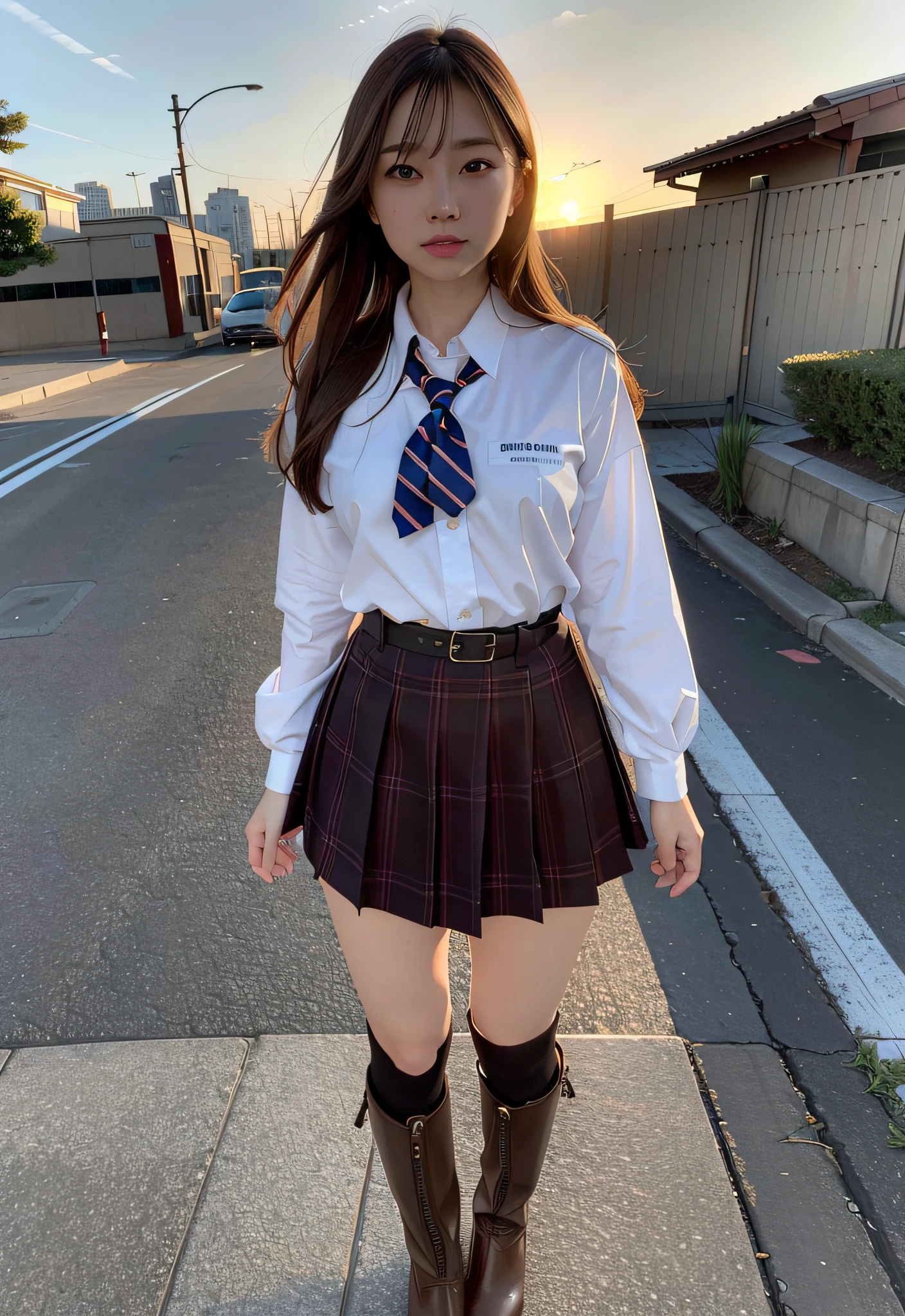 (8k, RAW photo, top quality, masterpiece: 1.2), (realistic, photorealistic: 1.37), girl, Japan, woman in her 30s, brown hair, cityscape, sunset, professional lighting, photon mapping, radiosity, gal, eyelashes so much, eyeshadow strong, schoolgirl uniform, bondage, battle, long boots, a little sexy