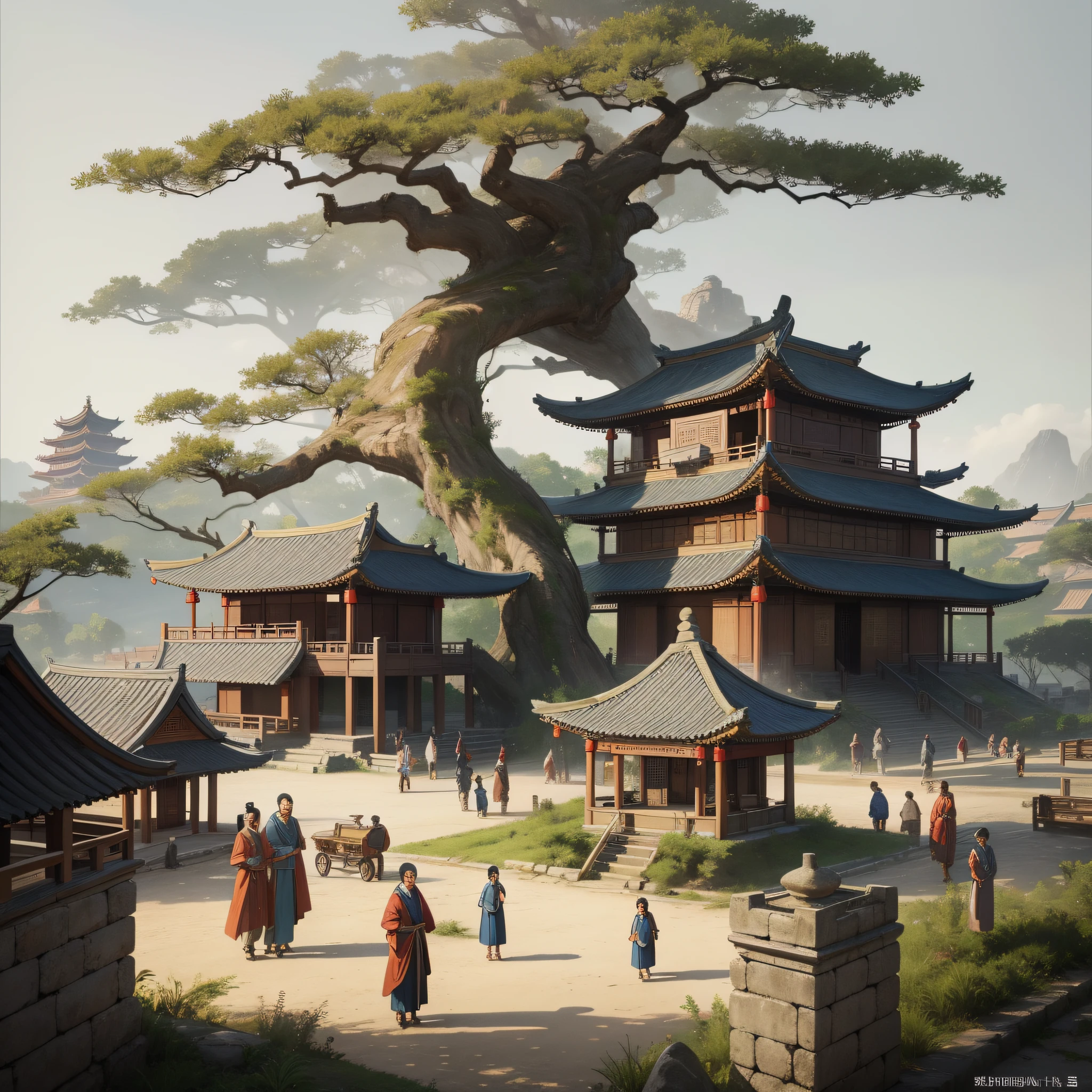 In ancient China, the assembly in front of the square of a village planted with a tree (masterpiece 1.5) (background is a crowded square.5) (square gathering 1.5) (dilapidated village 1.5) super detail, (crying 1.5) (ancient Chinese 1.5) (dusk 1.3) (desert environment 1.5) (yellow sand 1.3) (broken city wall) old woman 1.5)