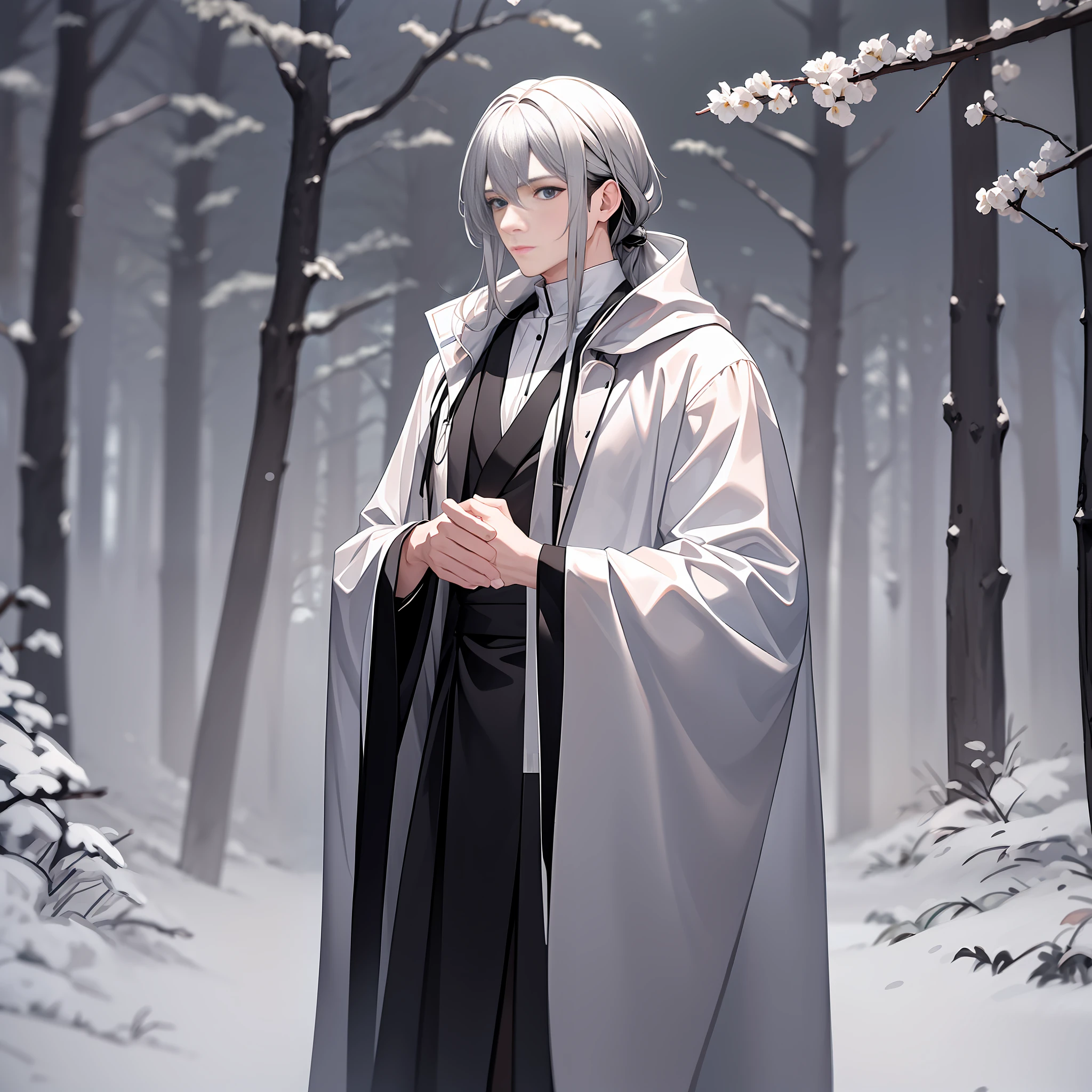 A man wearing a gray robe with long black and white hair stood in the woods