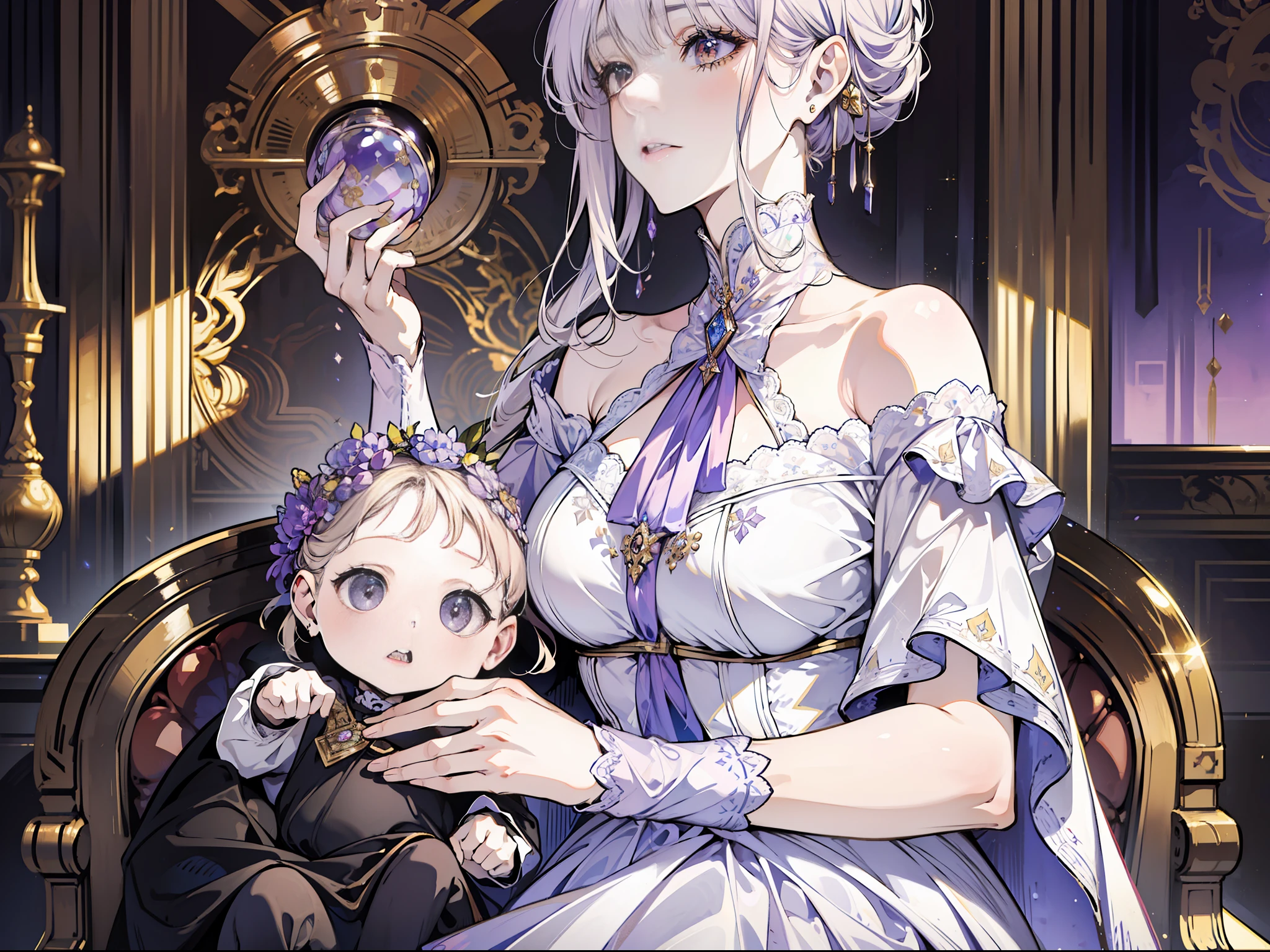 (absurd, high resolution), (panorama), a woman, mature, beautiful, tall, queen's dress, lilac complex dressed, exquisite, brown eyes, pale blonde hair, silver crown on the head, irritated, serious, in the palace, magical, antique style, holding a baby,