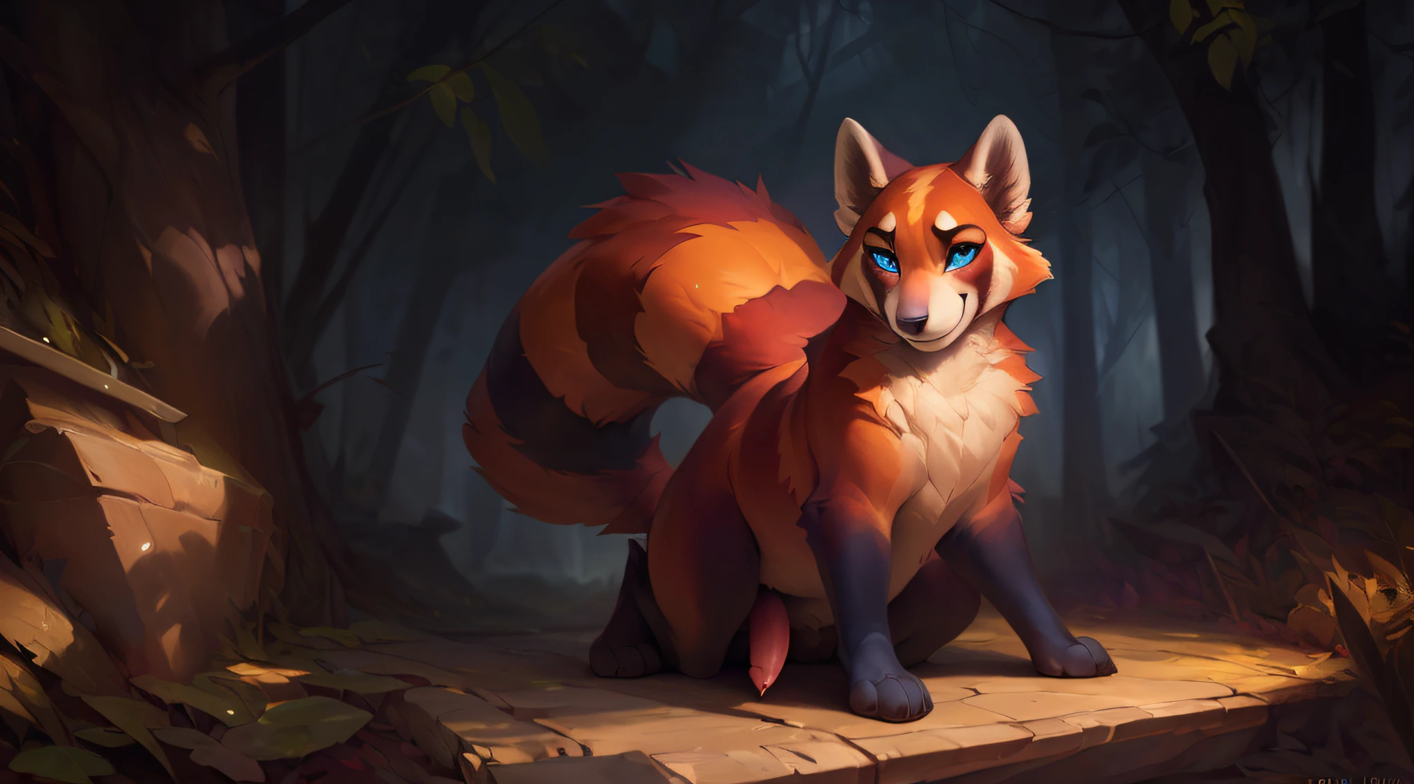 uploaded the e621, by Pixelsketcher, by Bayard Wu, by Thomas Benjamin Kennington , by Einshelm, solo (((wild))), red panda ((taur)) with (fluffy tail) and ((light navy blue eyes)), male, ((only)) male, ((male only)), (bulky chest)), ((fluffy neck)), ((portrait)), (detailed Bonifasko lighting), (detailed skin), (cinematic lighting), (detailed background)), [twilight ray], [detailed ambient light], [ambient light on belly],  (greater wildlife detail of wildlife), [explicit content], [sharp focus], (questionable content), front view, sitting, artistic genitalia, (shading), fluffy tail, relaxed tail, fluffy tail, ((masterpiece)), (detailed skin), ((detailed skin), ((seductive smile)), dynamic pose, ((seductive pose)), erect member, erect, erect