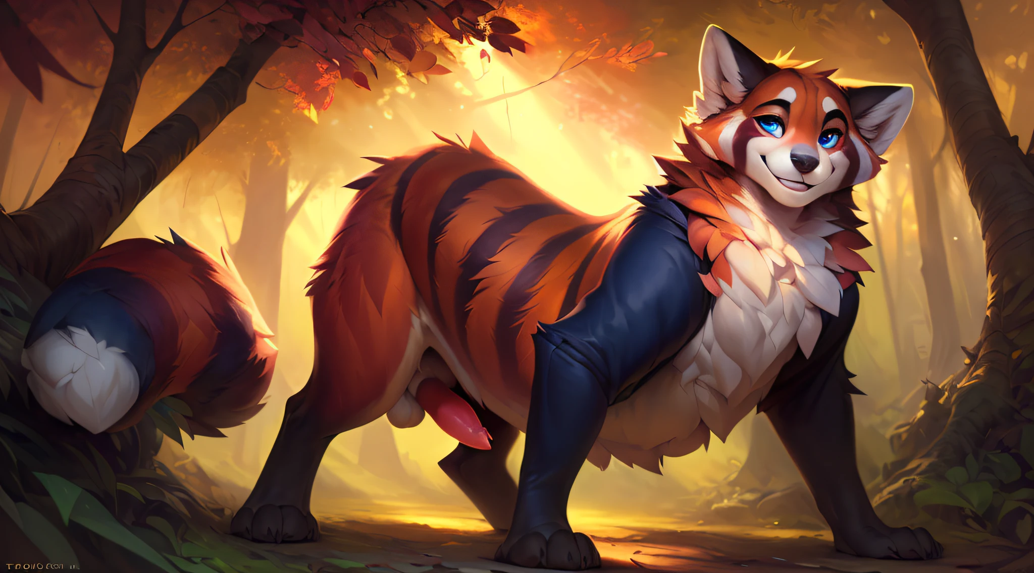 uploaded the e621, by Pixelsketcher, by Bayard Wu, by Thomas Benjamin Kennington , by Einshelm, solo (((wild))), red panda ((taur)) with (fluffy tail) and ((light navy blue eyes)), male, ((only)) male, ((male only)), (bulky chest)), ((fluffy neck)), ((portrait)), (detailed Bonifasko lighting), (detailed skin), (cinematic lighting), (detailed background)), [twilight ray], [detailed ambient light], [ambient light on belly],  (greater wildlife detail of wildlife), [explicit content], [sharp focus], (questionable content), front view, sitting, artistic genitalia, (shading), fluffy tail, relaxed tail, fluffy tail, ((masterpiece)), (detailed skin), ((detailed skin), ((seductive smile)), dynamic pose, ((seductive pose)), erect member, erect, erect