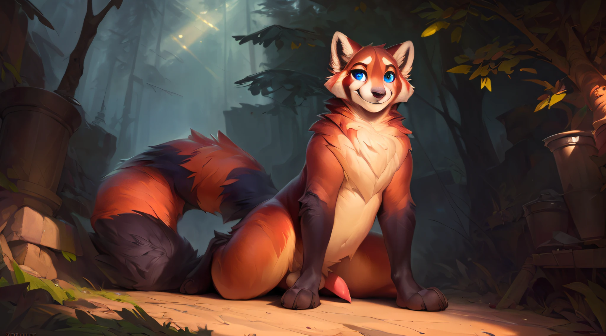 uploaded the e621, by Pixelsketcher, by Bayard Wu, by Thomas Benjamin Kennington , by Einshelm, solo (((wild))), red panda ((taur)) with (fluffy tail) and ((light navy blue eyes)), male, ((only)) male, ((male only)), (bulky chest)), ((fluffy neck)), ((portrait)), (detailed Bonifasko lighting), (detailed skin), (cinematic lighting), (detailed background)), [twilight ray], [detailed ambient light], [ambient light on belly],  (greater wildlife detail of wildlife), [explicit content], [sharp focus], (questionable content), front view, sitting, artistic genitalia, (shading), fluffy tail, relaxed tail, fluffy tail, ((masterpiece)), (detailed skin), ((detailed skin), ((seductive smile)), dynamic pose, ((seductive pose)), erect member, erect, erect