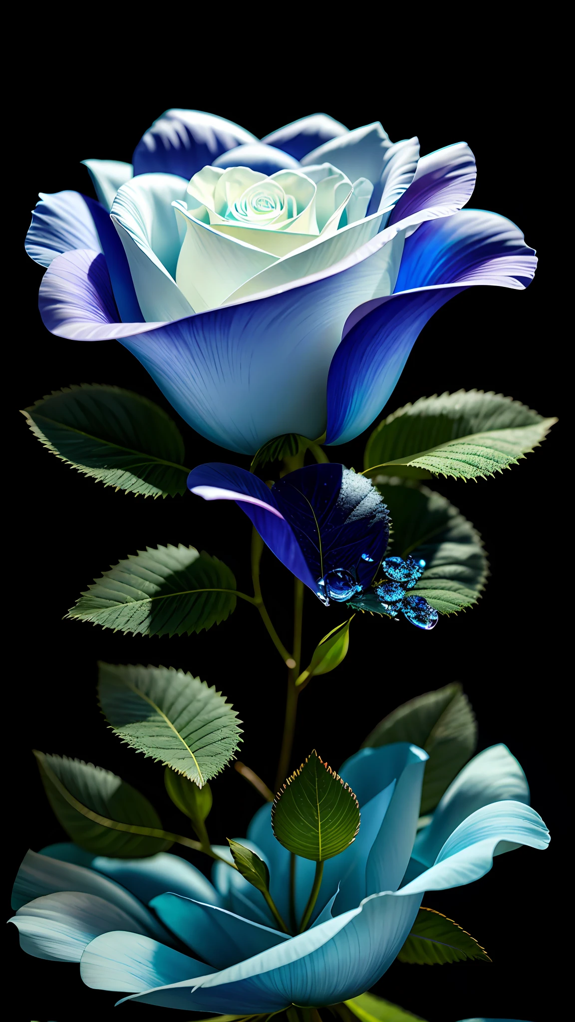 A bouquet of delicate roses in a flower bush, blue, ultra-transparent, holy light, beautiful spectral light, petals glowing, water droplets on petals, shimmering, dark background, dripping transparent, reflected light, bright, light inflow, optics, profile portrait, sharp focus, magic, intricate, surreal, fantasy, composition, light, art station trend, pearl, silver vapor guardian cloud, corrosive surround ray family, 8K, Magic Air 23v4 on the light