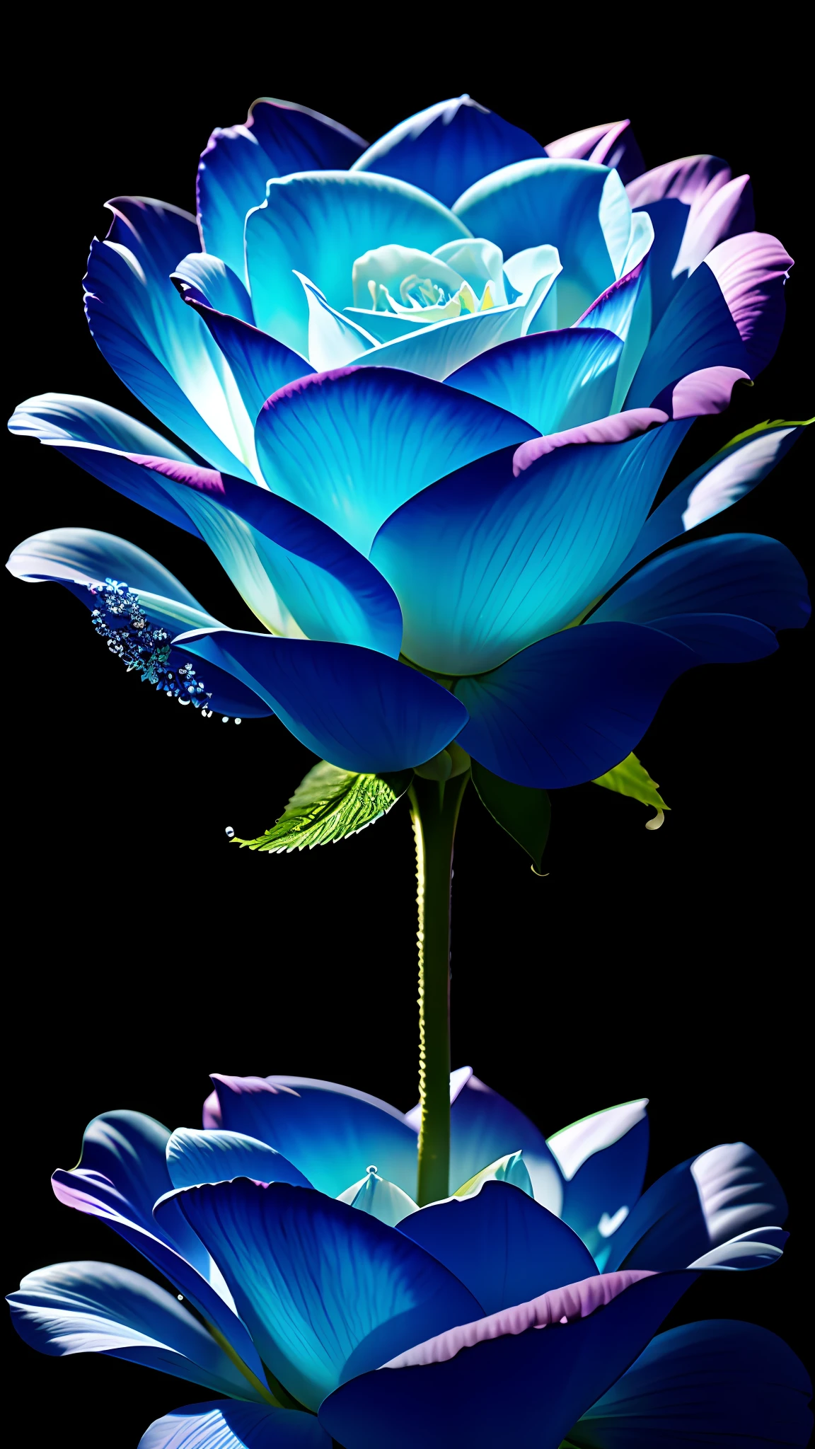 A bouquet of delicate roses in a flower bush, blue, ultra-transparent, holy light, beautiful spectral light, petals glowing, water droplets on petals, shimmering, dark background, dripping transparent, reflected light, bright, light inflow, optics, profile portrait, sharp focus, magic, intricate, surreal, fantasy, composition, light, art station trend, pearl, silver vapor guardian cloud, corrosive surround ray family, 8K, Magic Air 23v4 on the light