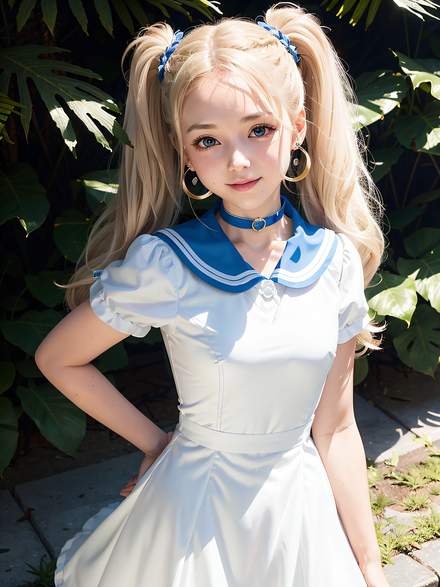 1girl, solo, long hair, white choker, blue eyes, smile, white sailor collar, choker, signature, sailor collar, twintails, hair bun, sailor senshi uniform, double bun, facial mark, white hair, jewelry, forehead mark, open mouth, dress, magical girl, brooch, white dress, looking at viewer, :d, hair ornament, hairpin, own hands together, earrings, very long hair, collarbone