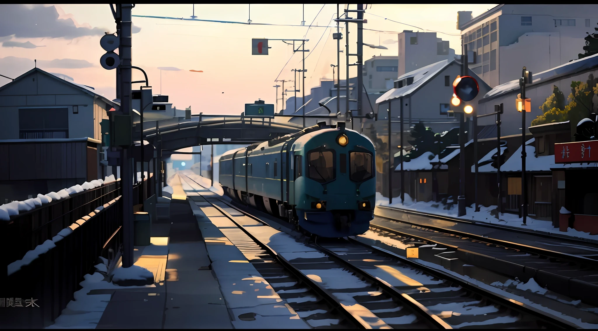 There is a train traveling along the tracks in the snow, there is a blue light in the blue sky straight into the sky, there is a blue aperture next to the light column, Makoto Shinkai style, produced by the anime artist studio, drawn in the anime artist studio, octane rendered. By Shinkai Makoto, train station background, Shinkai Makoto style, snow. Author: Makoto Shinkai, realistic anime 3D style