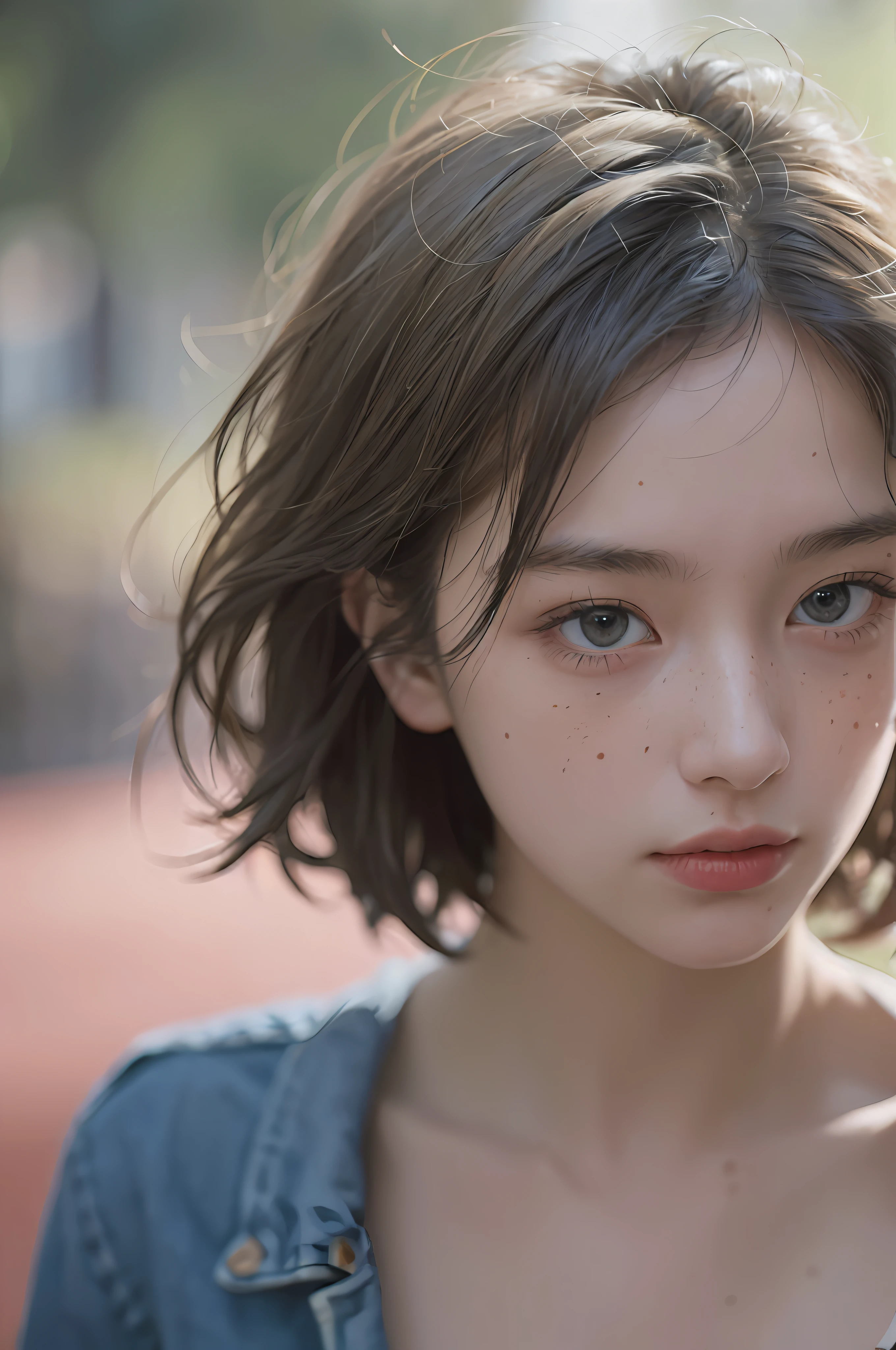 Highest quality, (dramatic lighting: 0.7), masterpiece, high angle shot, RAW photo (pale 18 year old woman with short hair, looking up at viewer), cute, (in tattered jeans suit, disheveled), (standing on a playground ), full body portrait, perfect face, stunning eyes, vivid detail, (highly detailed skin), freckles, sfw, (blue tint:0.6), (dirty:0.8), (bloody:0.7), key lighting, ( backlighting: 0.5 ), depth of field, Canon 5D, 50mm lens, F/4 aperture, (super detail, intricate detail), sharp focus, soft colors, 8k, absurdity, 8mm film grain, war photography --auto --s2
