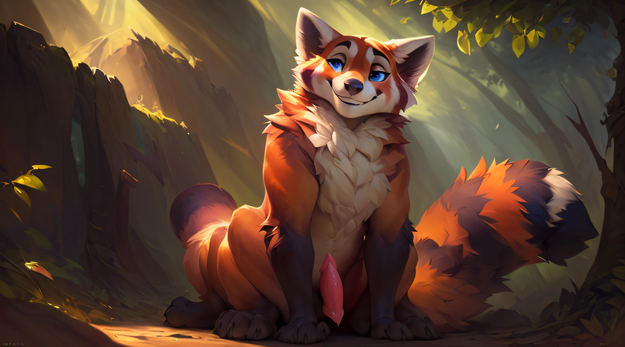 uploaded the e621, by Pixelsketcher, by Bayard Wu, by Thomas Benjamin Kennington , by Einshelm, solo (((wild))), red panda ((taur)) with (fluffy tail) and ((light navy blue eyes)), male, ((only)) male, ((male only)), (bulky chest)), ((fluffy neck)), ((portrait)), (detailed Bonifasko lighting), (detailed skin), (cinematic lighting), (detailed background)), [twilight ray], [detailed ambient light], [ambient light on belly],  (greater wildlife detail of wildlife), [explicit content], [sharp focus], (questionable content), front view, sitting, artistic genitalia, (shading), fluffy tail, relaxed tail, fluffy tail, ((masterpiece)), (detailed skin), ((detailed skin), ((seductive smile)), dynamic pose, (((seductive pose)), erect member, erect, erect, medium and thick size