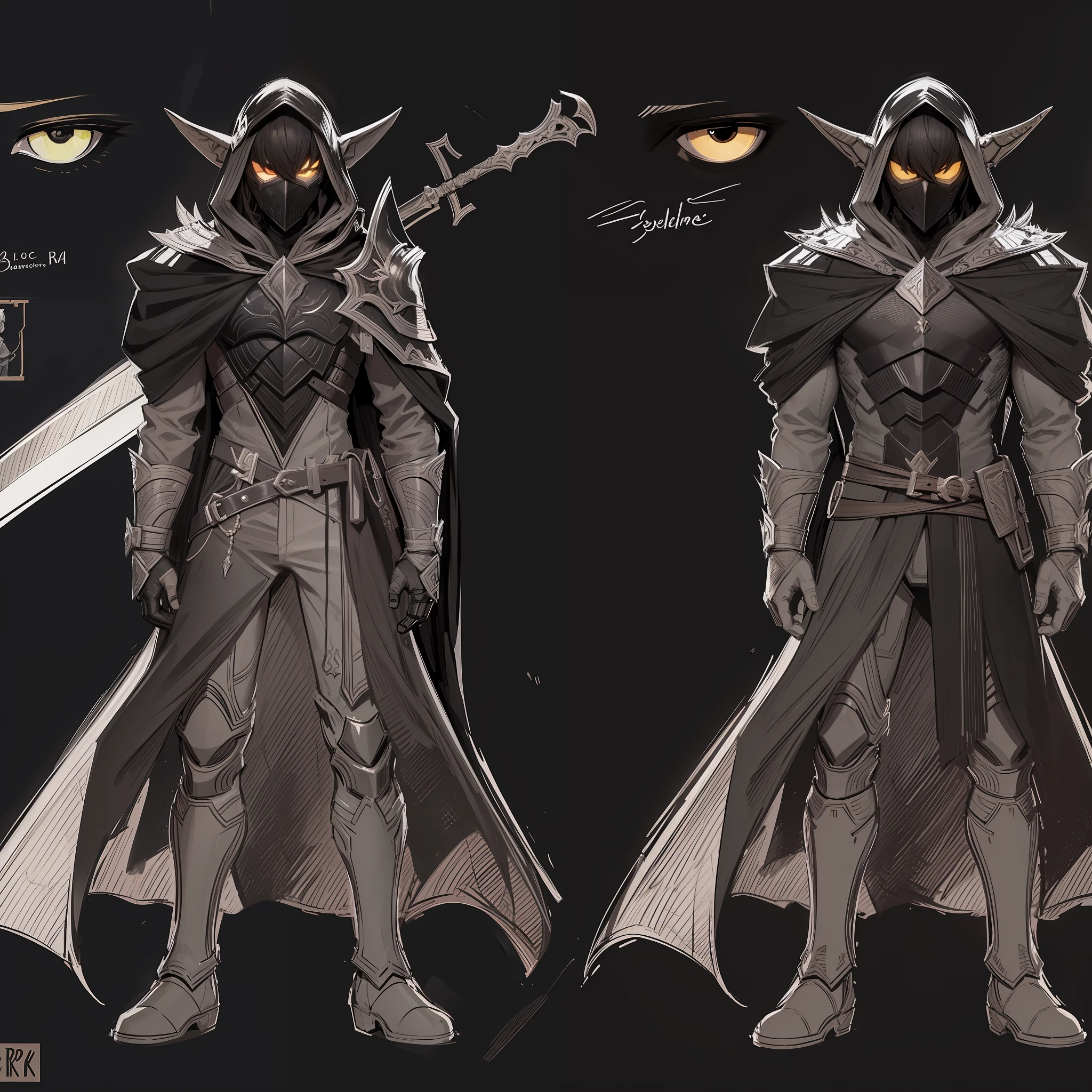 Sketch of a male elf, black armor with hood