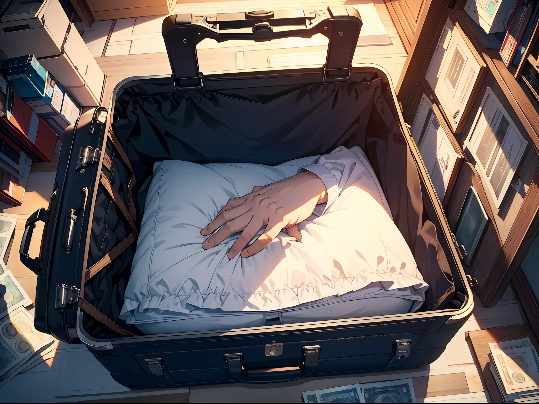 A cozy room to put this suitcase on the ground, full of money, banknotes, cinematic lighting, ray tracing, first-person view, panorama, vanishing point, wide angle, from above, UHD, anatomically correct, super detailed, award-winning, 8k