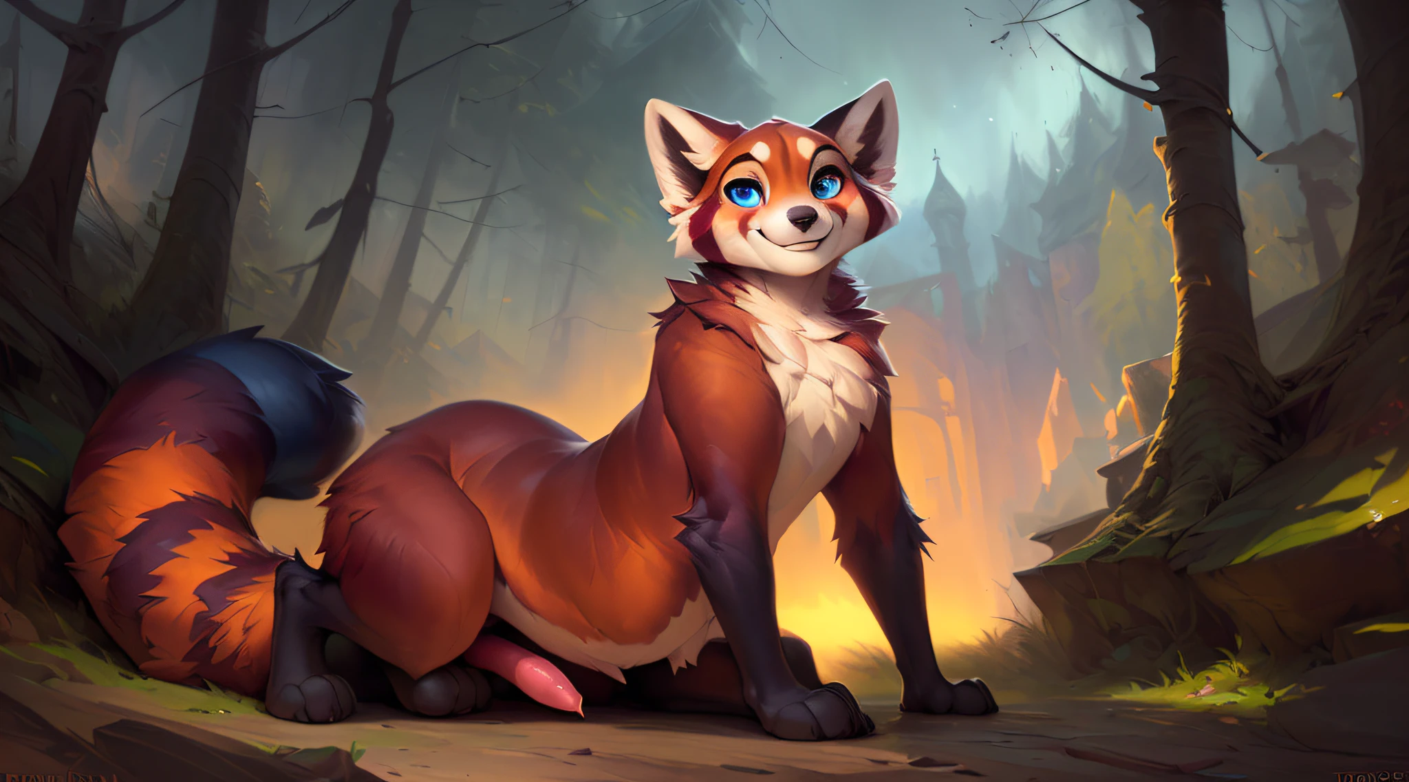 uploaded the e621, by Pixelsketcher, by Bayard Wu, by Thomas Benjamin Kennington , by Einshelm, solo (((wild))), red panda ((taur)) with (fluffy tail) and ((light navy blue eyes)), male, ((only)) male, ((male only)), (bulky chest)), ((fluffy neck)), ((portrait)), (detailed Bonifasko lighting), (detailed skin), (cinematic lighting), (detailed background)), [twilight ray], [detailed ambient light], [ambient light on belly],  (greater wildlife detail of wildlife), [explicit content], [sharp focus], (questionable content), front view, sitting, artistic genitalia, (shading), fluffy tail, relaxed tail, fluffy tail, ((masterpiece)), (detailed skin), ((detailed skin), ((seductive smile)), dynamic pose, (((seductive pose)), erect member, erect, erect, medium and thick size