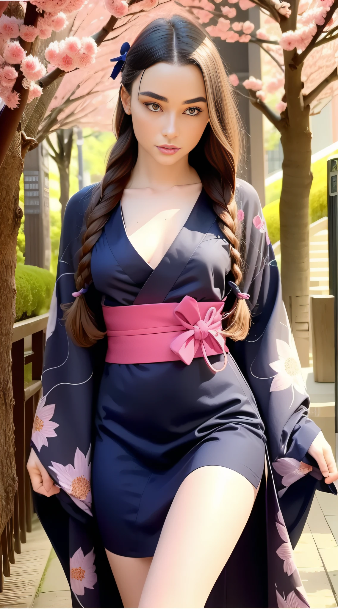 full shot, portrait of skswoman, 1 GIRL, DASHA, detailed portrait of a girl in a dark blue kimono with patterns in the form of applications of sakura inflorescences walks along a picturesque alley with blooming Japanese sakura along a path strewn with fallen pink sakura petals, in detail in detail small breasts, in detail in detail a very long fluffy mop of chestnut hair, in the details of the eyes, in the details of the eyelashes, in the details of the lips, in the details of the make-up with dark blue arrows, in the details of the Japanese gane shoes with braids on the lower legs in dark blue, in the details of the kimono with deep cutouts shows beautiful slender legs, cutout on the chest shows the décolleté area, character flirting at the camera, backlight, bright sun rays, detailed beautiful backlight, soft frontal light, soft shadows on the face, beautiful chiaroscuro on the face and body, hyperdetail, high resolution, clear focus, 32k, website 500px, David Dubn, hyperrealism, uhd