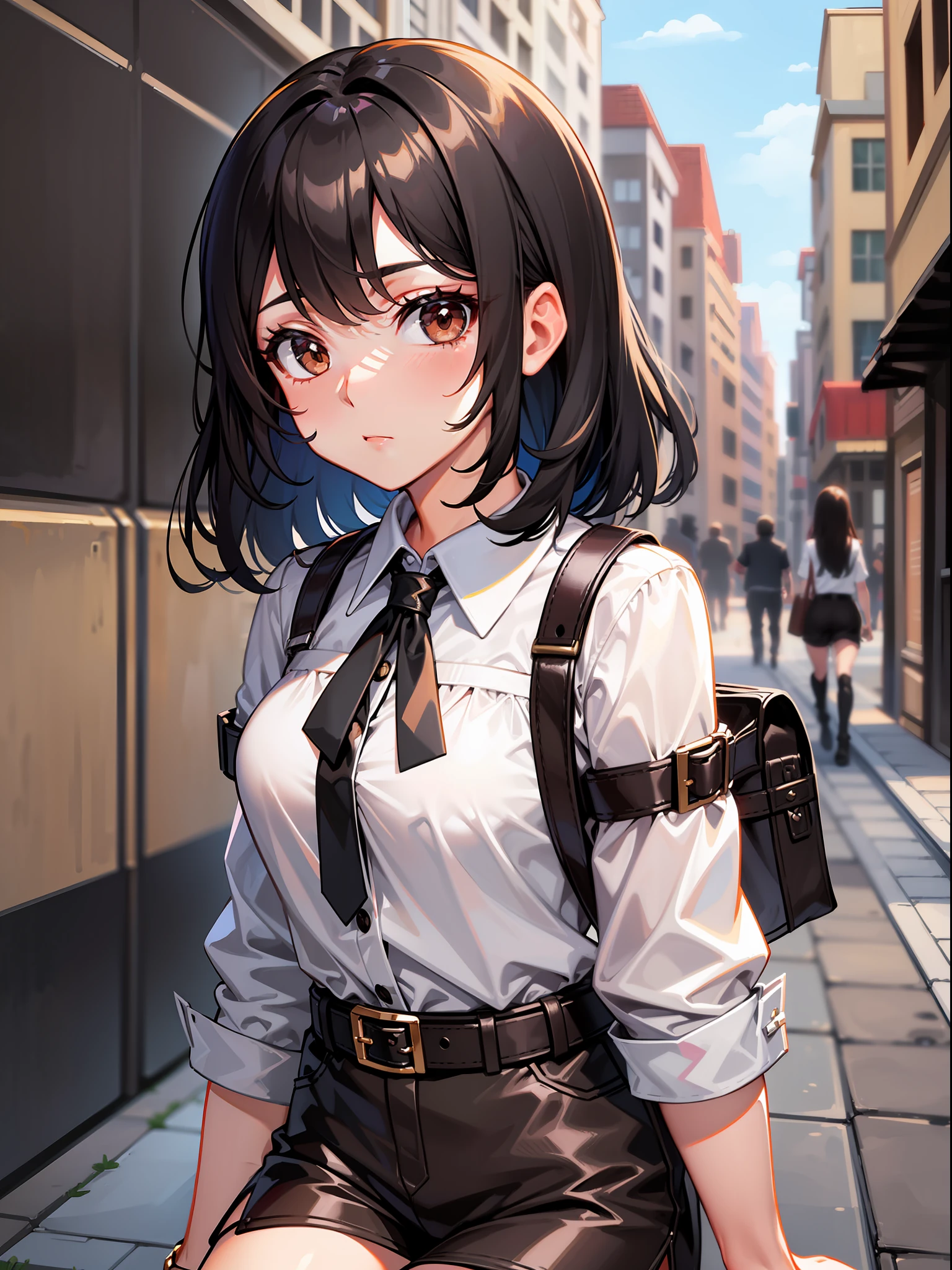 Black hair short, short brown clothes with white collar sleeves, brown shorts, white waist belt, knee high boots, girl, outdoor
