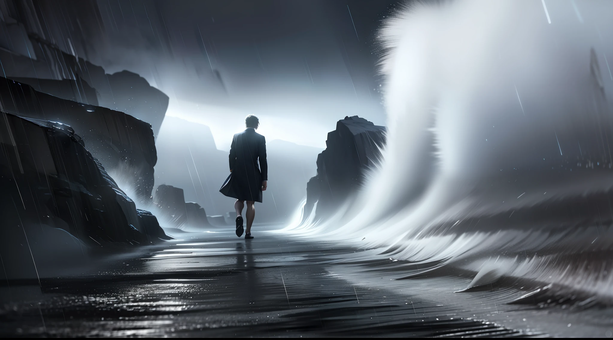 ultra detailed 8k cg, a man walking down an isle, storm, rain
