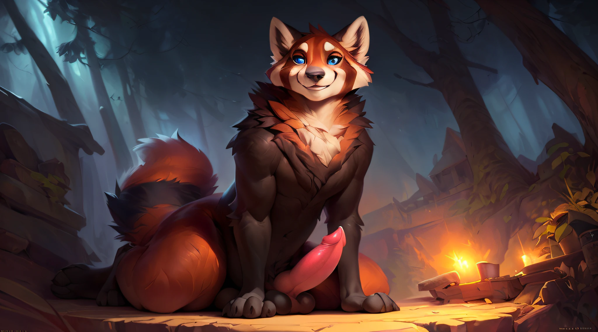 uploaded the e621, by Pixelsketcher, by Bayard Wu, by Thomas Benjamin Kennington , by Einshelm, solo (((wild))), red panda ((taur)) with (fluffy tail) and ((light navy blue eyes)), male, ((only)) male, ((male only)), (bulky chest)), ((fluffy neck)), ((portrait)), (detailed Bonifasko lighting), (detailed skin), (cinematic lighting), (detailed background)), [twilight ray], [detailed ambient light], [ambient light on belly],  (greater wildlife detail of wildlife), [explicit content], [sharp focus], (questionable content), front view, sitting, artistic genitalia, (shading), fluffy tail, relaxed tail, fluffy tail, ((masterpiece)), (detailed skin), ((detailed skin), ((seductive smile)), dynamic pose, (((seductive pose)), erect member, erect, erect, large and thick size