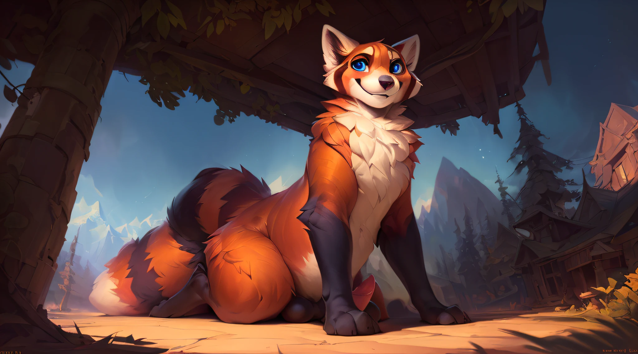 uploaded the e621, by Pixelsketcher, by Bayard Wu, by Thomas Benjamin Kennington , by Einshelm, solo (((wild))), red panda ((taur)) with (fluffy tail) and ((light navy blue eyes)), male, ((only)) male, ((male only)), (bulky chest)), ((fluffy neck)), ((portrait)), (detailed Bonifasko lighting), (detailed skin), (cinematic lighting), (detailed background)), [twilight ray], [detailed ambient light], [ambient light on belly],  (greater wildlife detail of wildlife), [explicit content], [sharp focus], (questionable content), front view, sitting, artistic genitalia, (shading), fluffy tail, relaxed tail, fluffy tail, ((masterpiece)), (detailed skin), ((detailed skin), ((seductive smile)), dynamic pose, (((seductive pose)), erect member, erect, erect, large and thick size