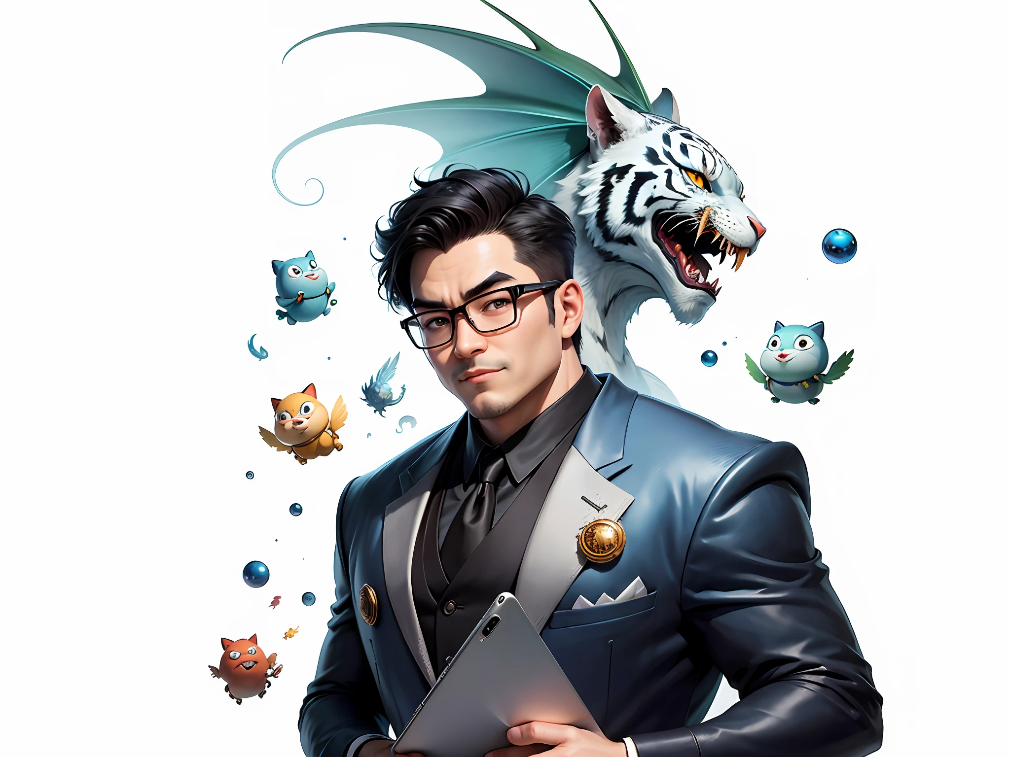 (Masterpiece), (Excellent), (Super Meticulous), (Full Body: 1.2), Super Young Man, Oriental Face, Japanese Kimono, Japanese Wind Thunder God, Dragon, Tiger, TV Anchor, Bust Portrait Illustration, Alone, Black Suit, Blue Tie, Slightly Chubby Face, Silver Glasses, Very Clean Face, No Beard, Black Super Short Hair, Black Eyes, Confident Smile, 3c Computer Sub-Products, iPad, iPhone, Digital Painting, 3D Character Design by Akira Toriyama and Mark Claireden and Pixar and Hayao Miyazaki, The illustration is a high-definition illustration in 4K resolution with very detailed facial features and cartoon-style visuals.