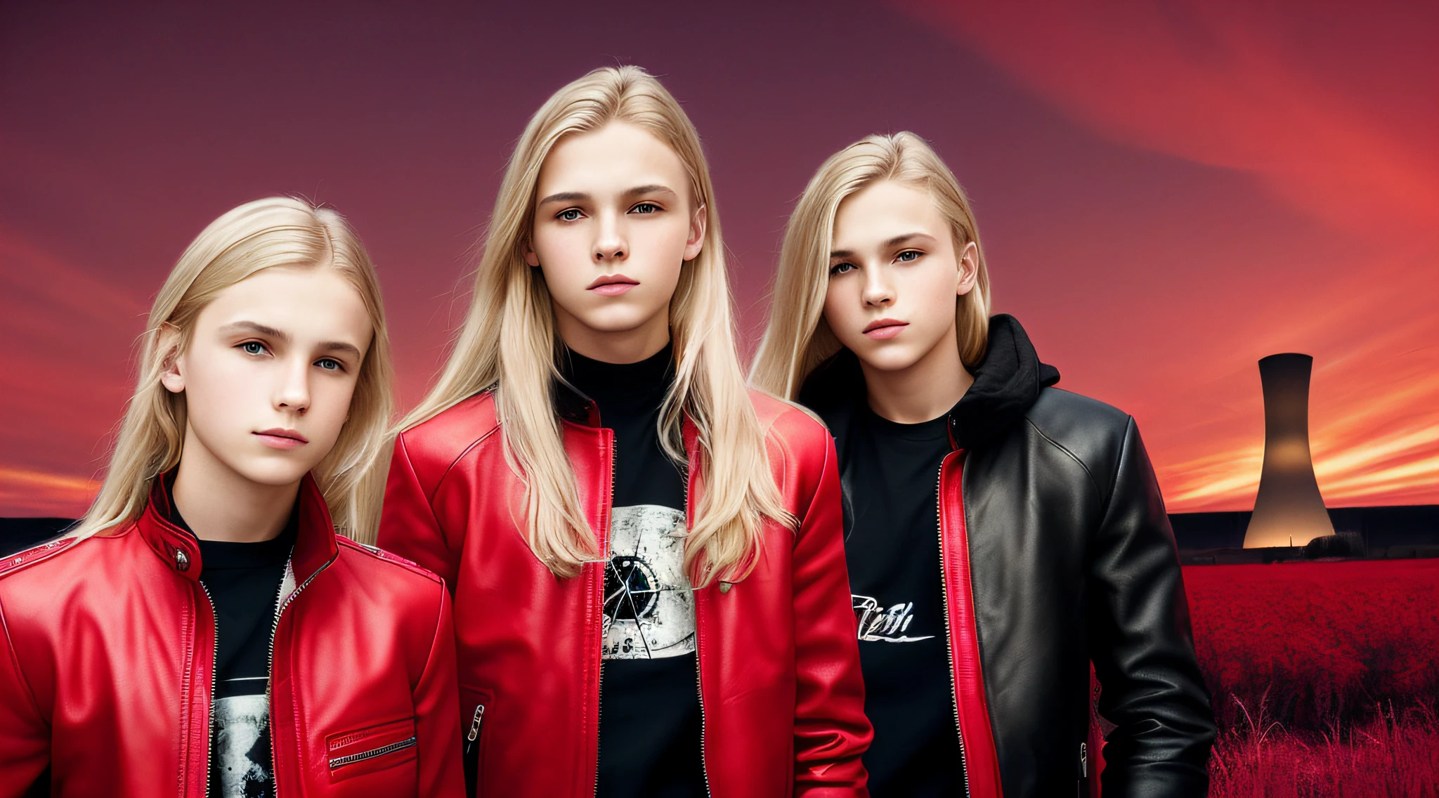 14-YEAR-OLD BOYS, PORTRAIT, WITH LONG BLOND HAIR, WITH RED LEATHER JACKETS AND BLACK CLOTHING, nuclear power plant with radioactive barrels in a field, nuclear wasteland, nuclear waste, post-nuclear fallout, future of nuclear energy, nuclear fallout, radioactive wasteland, nuclear power, nuclear power, nuclear reactor, nuclear aftermath, post-nuclear, nuclear power plant, nuclear, radioactive particles, nuclear art, toxic waste, polluted, radioactive peak field, pollution, RED BACKGROUND.