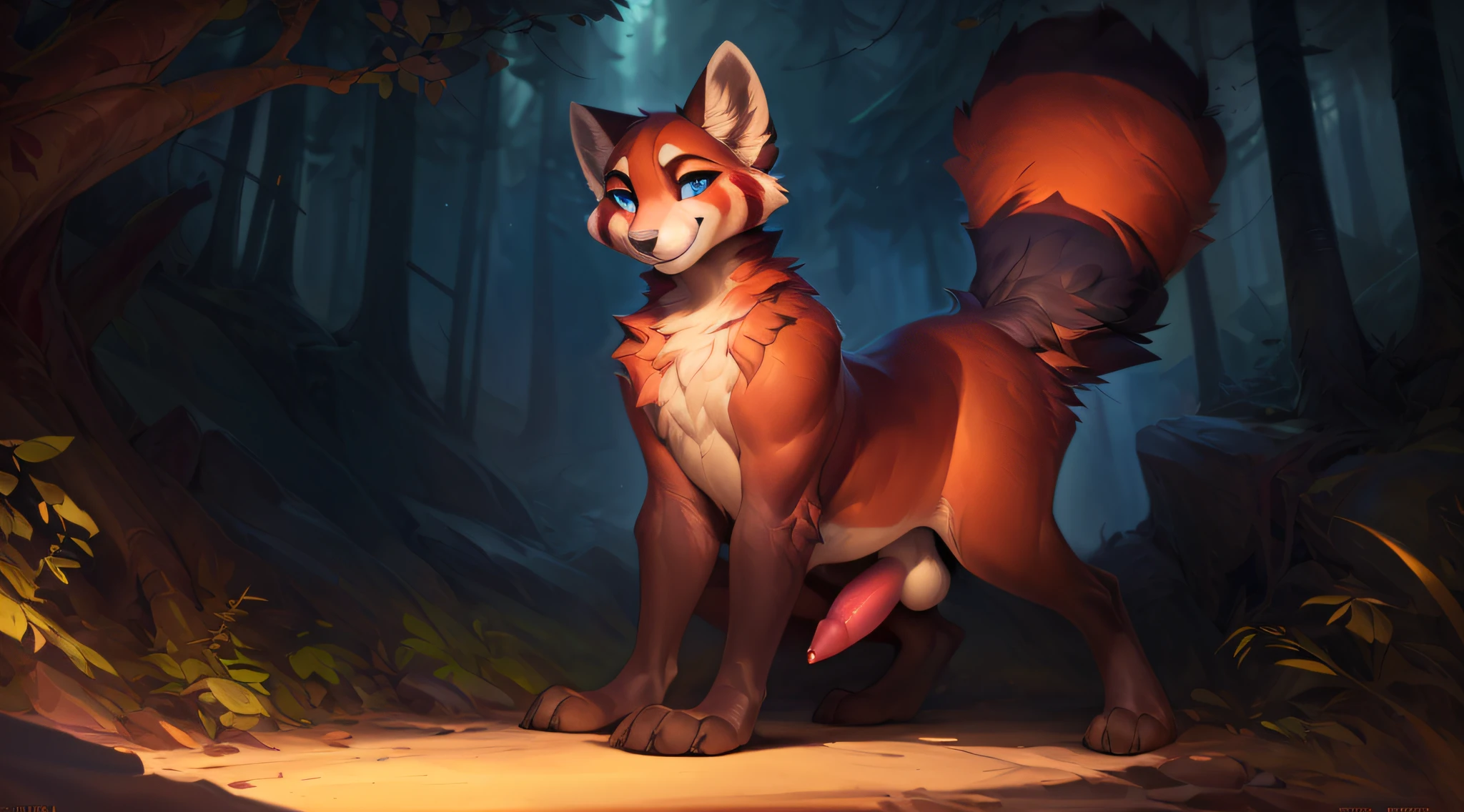 uploaded the e621, by Pixelsketcher, by Bayard Wu, by Thomas Benjamin Kennington , by Einshelm, solo (((wild))), red panda ((taur)) with (fluffy tail) and ((light navy blue eyes)), male, ((only)) male, ((male only)), (bulky chest)), ((fluffy neck)), ((portrait)), (detailed Bonifasko lighting), (detailed skin), (cinematic lighting), (detailed background)), [twilight ray], [detailed ambient light], [ambient light on belly],  (greater wildlife detail of wildlife), [explicit content], [sharp focus], (questionable content), front view, sitting, artistic genitalia, (shading), fluffy tail, relaxed tail, fluffy tail, ((masterpiece)), (detailed skin), ((detailed skin), ((seductive smile)), dynamic pose, (((seductive pose)), erect member, erect, erect, large and thick size