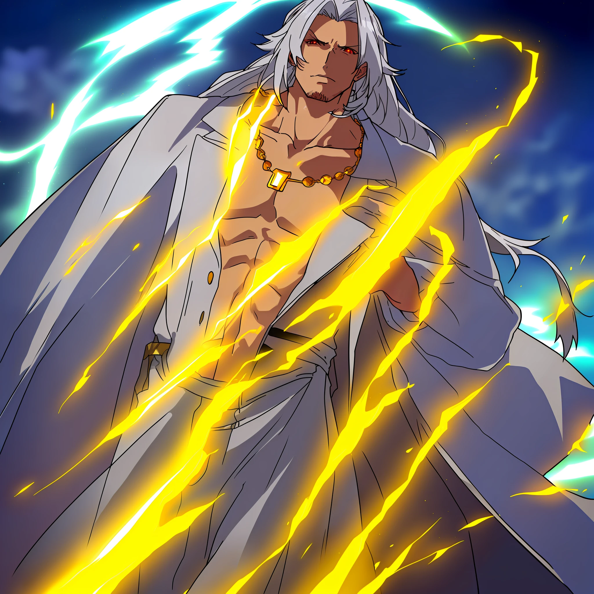 Highest quality, finely crafted lighting, young adult male, long back hair, multicolored gray hair, hair in stirs, highlighted red eyes, night environment, lightning, sky with rays, divine style clothes, gold necklaces, white overcoat, gold rings, left eye tattoo