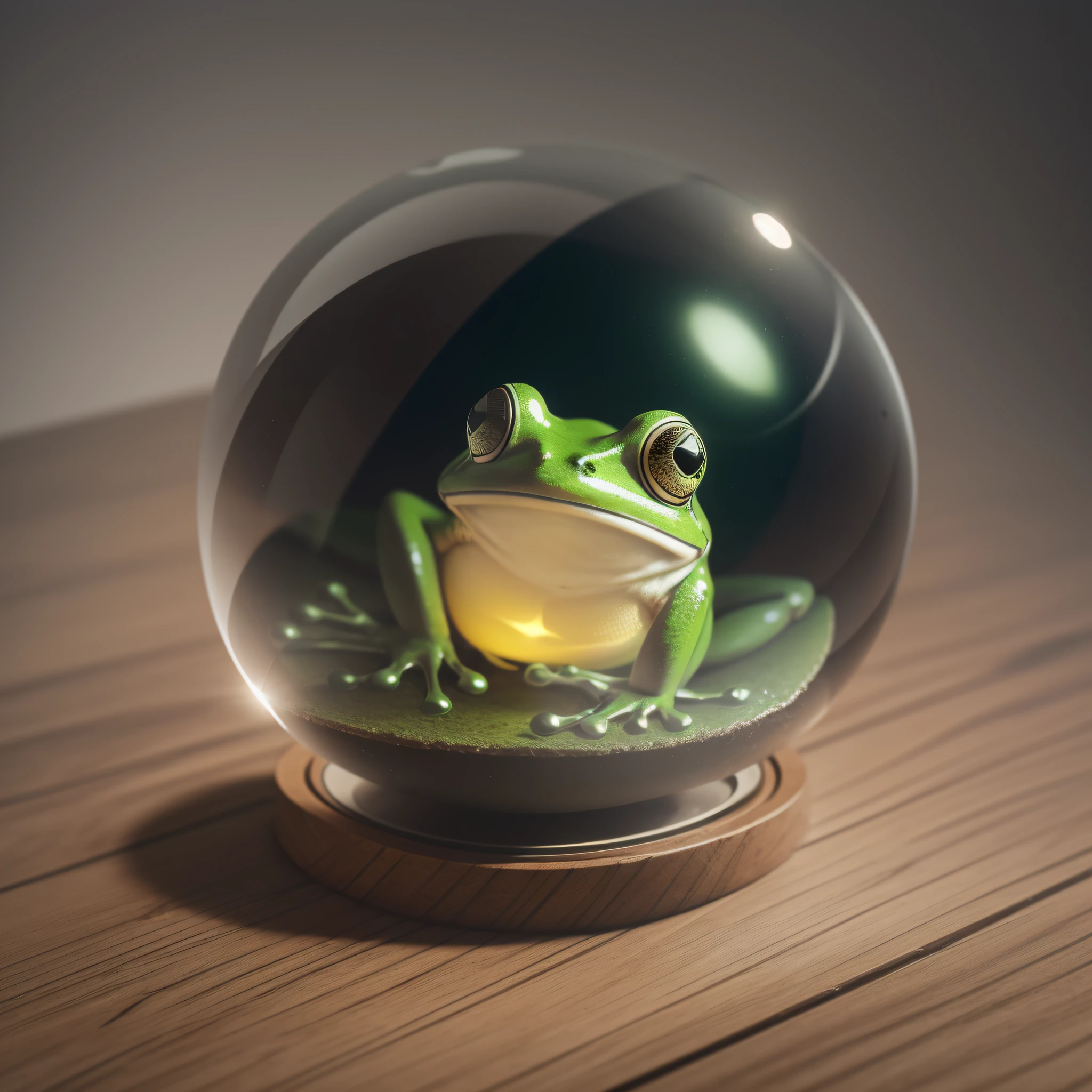 There is one transparent glass sphere with one frog inside, light tracing, 8k photorealism, super realistic CG unity style wallpaper, beautiful lighting, high quality, masterpiece, 32k octane rendering, perfect spherical art