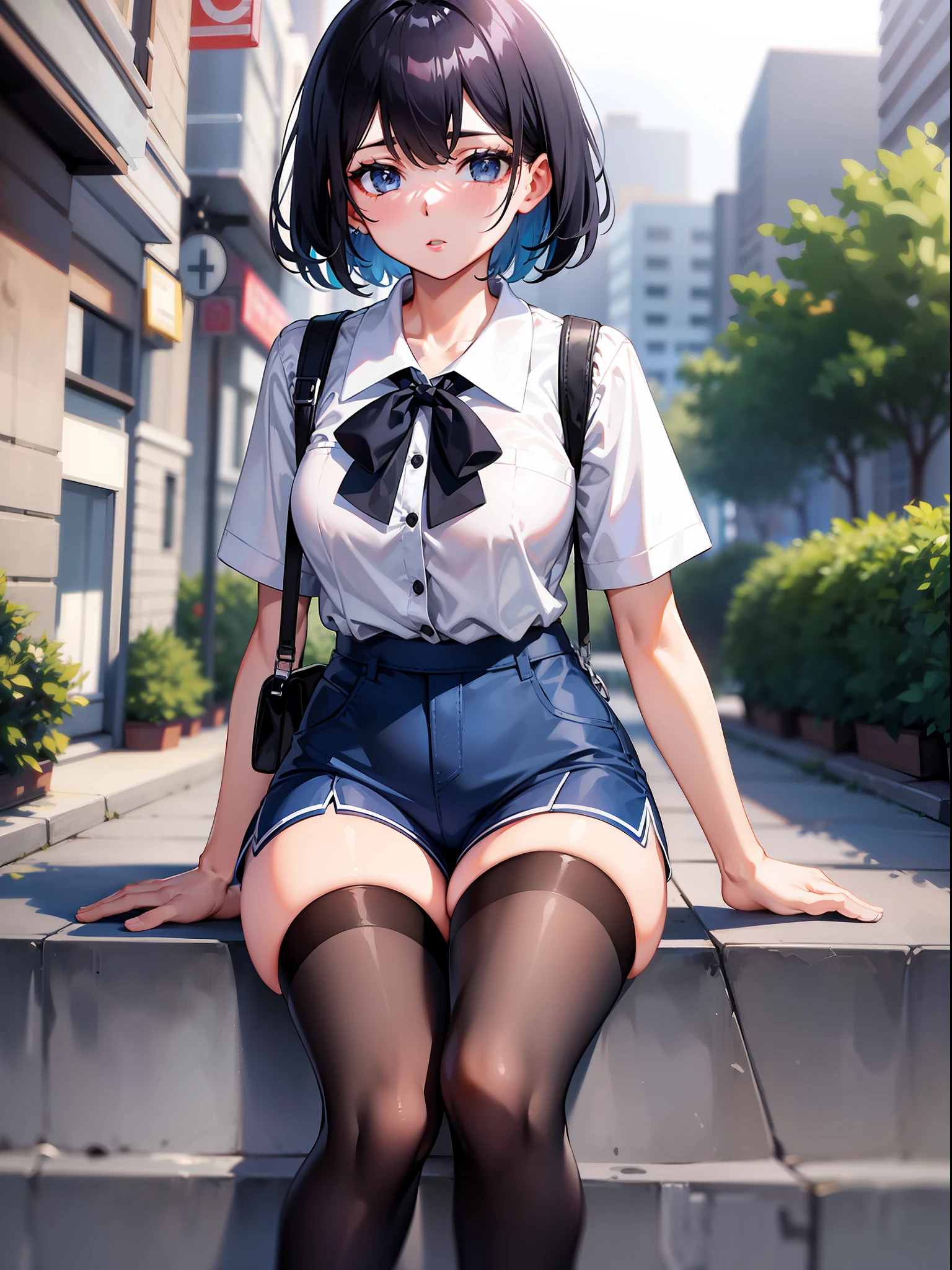 Black hair short, short clothes with white collar sleeves, blue shorts, black stockings, girl, outdoor