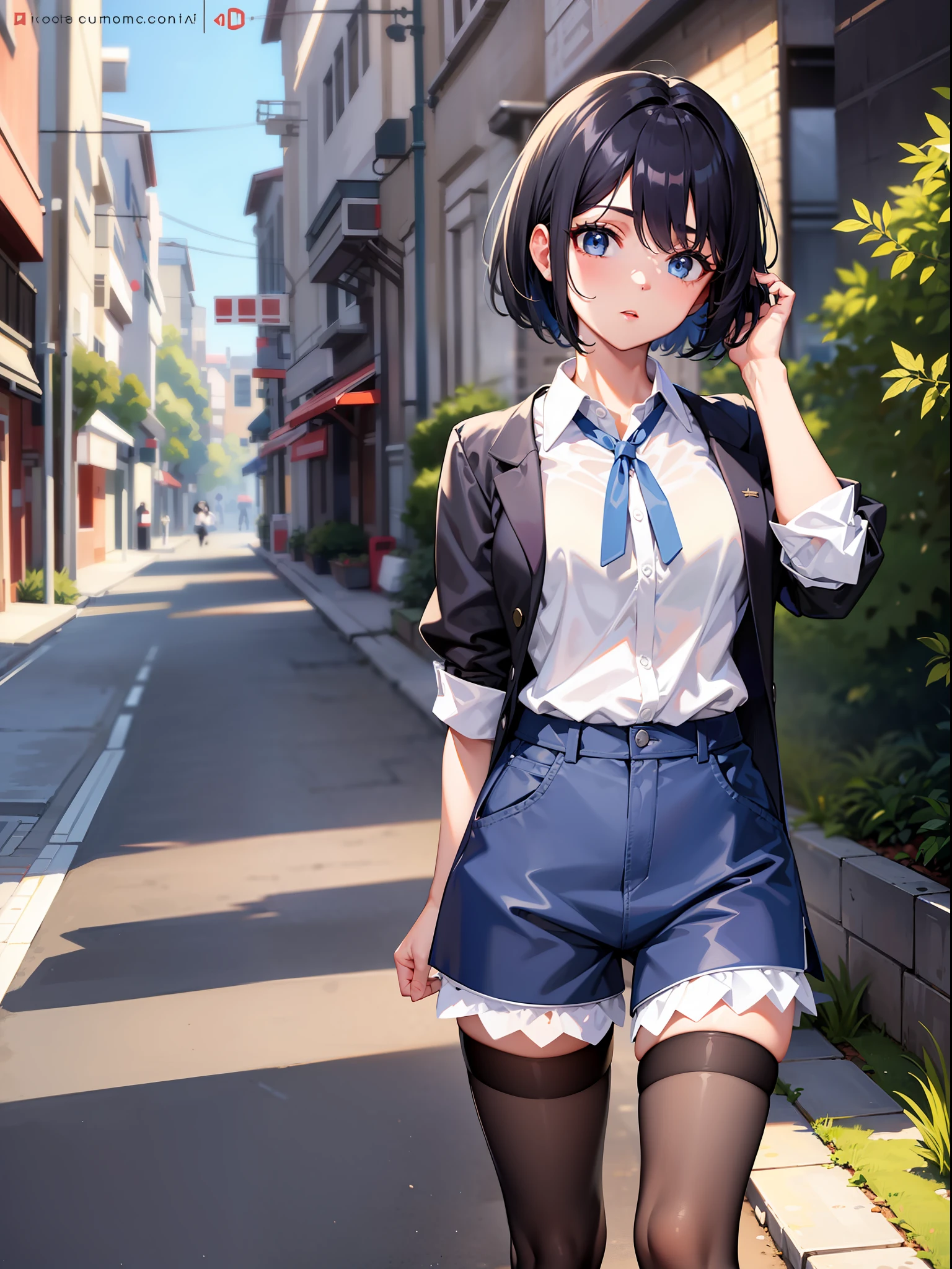 Black hair short, short clothes with white collar sleeves, blue shorts, black stockings, girl, outdoor