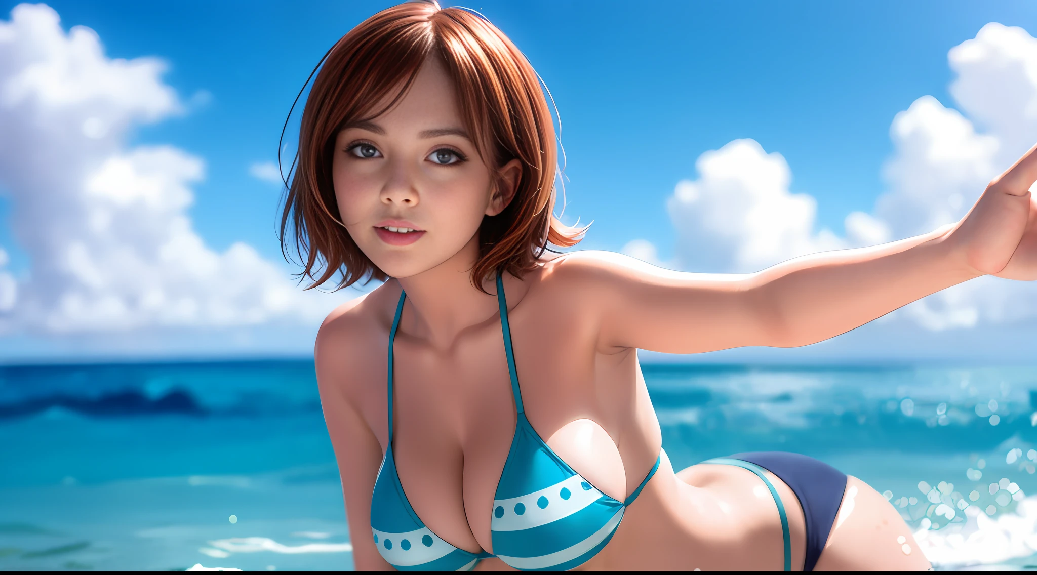 Blue sky, white clouds, top quality, 8k, masterpiece: 1.3, beautiful woman with perfect figure: 1.3, light brown hair, in the sea, very detailed face and skin, detailed eyes, double eyelids, sexy, smile, short hair, Bob, wearing bikini, drooping eyes, dynamic pose, Japanese, girl playing in the water, playing,