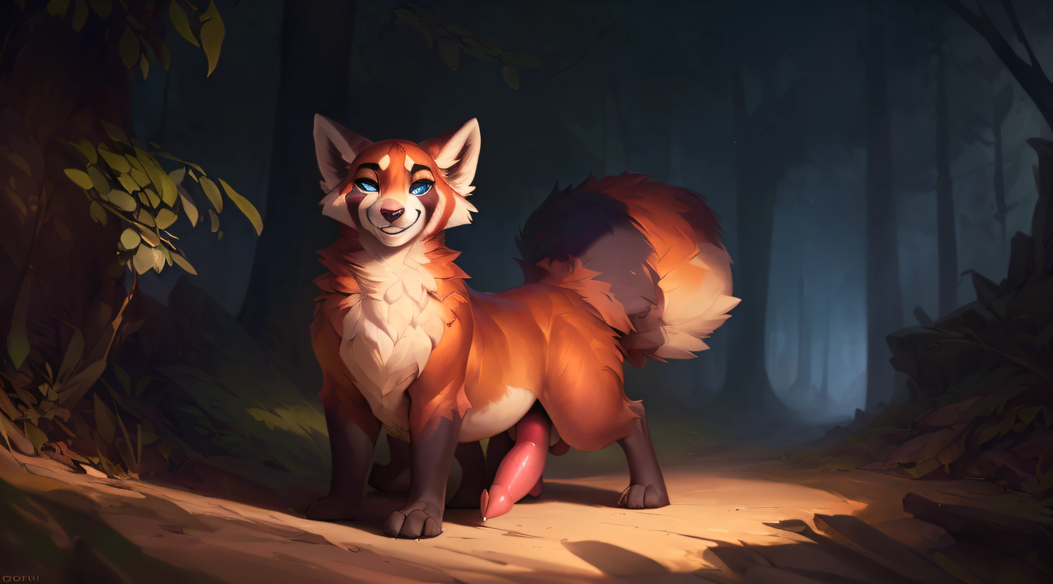 uploaded the e621, by Pixelsketcher, by Bayard Wu, by Thomas Benjamin Kennington , by Einshelm, solo (((wild))), red panda ((taur)) with (fluffy tail) and ((light navy blue eyes)), male, ((only)) male, ((male only)), (bulky chest)), ((fluffy neck)), ((portrait)), (detailed Bonifasko lighting), (detailed skin), (cinematic lighting), (detailed background)), [twilight ray], [detailed ambient light], [ambient light on belly],  (greater wildlife detail of wildlife), [explicit content], [sharp focus], (questionable content), front view, sitting, artistic genitalia, (shading), fluffy tail, relaxed tail, fluffy tail, ((masterpiece)), (detailed skin), ((detailed skin), ((seductive smile)), dynamic pose, (((seductive pose)), erect member, erect, erect, large and thick size