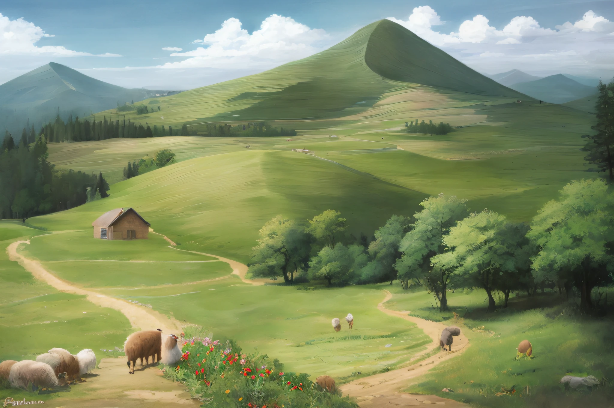 Country scene, endless fields of grass and wildflowers, dirt trail, rock wall separating fields, birds, rabbits, sheep, windmill