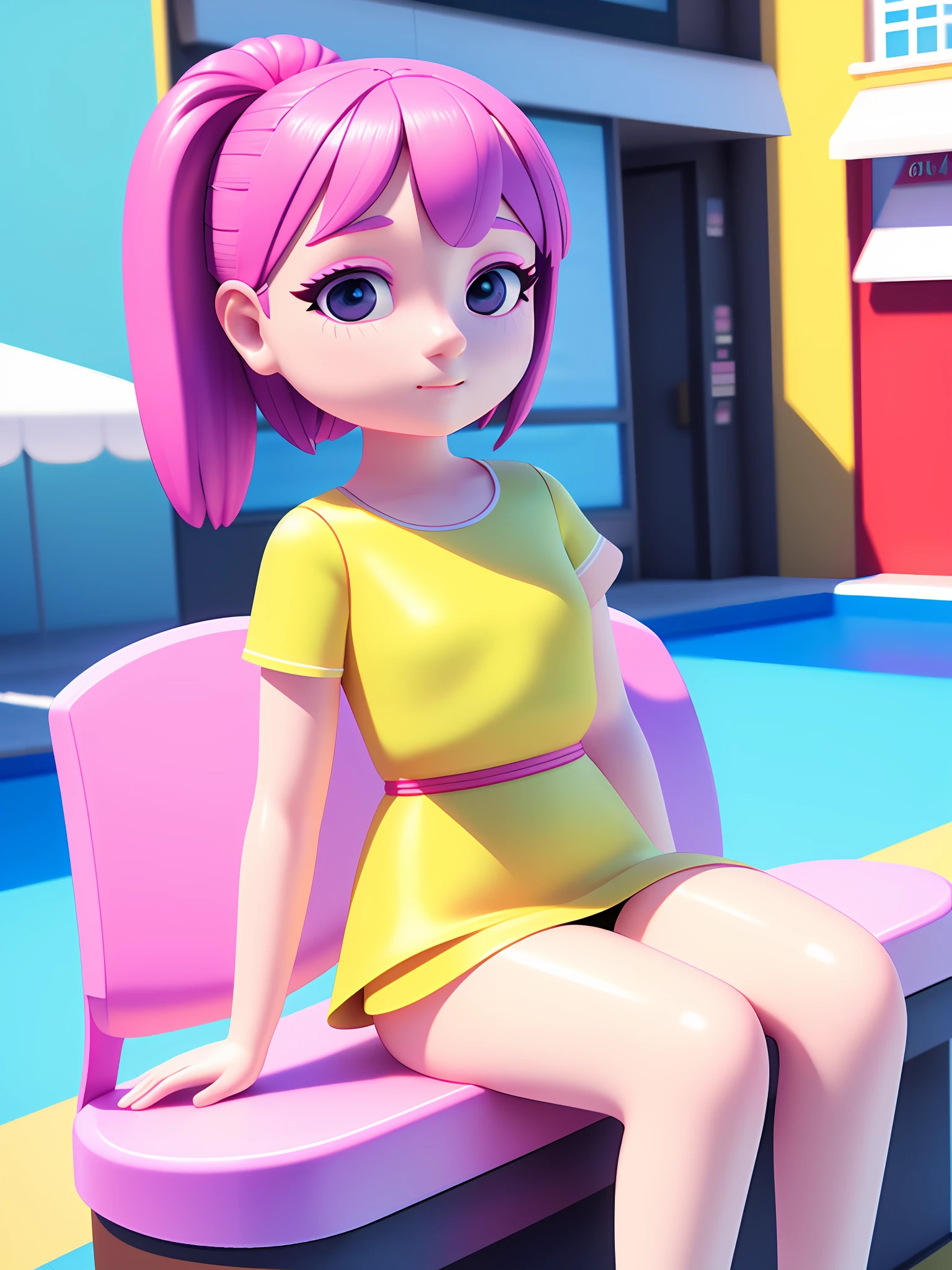 Girl sitting on pool seat, fair skin, delicate face, medium, new pop portrait, fashion illustration, toy core, colorful street scene, realistic, cartoon style rendering, made by Pop Mart: pastel color, blind box toy, fine gloss, clean background, C4D, blender, 3d rendering. Octane rendering.